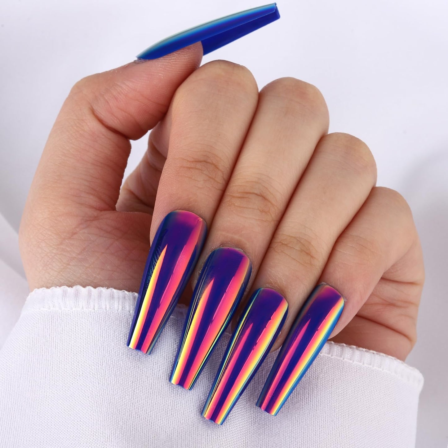 ROFIBUT 24PCS Chrome Press on Nails Fluorescent Laser Mirror Holographic Coffin False Nails Metallic Arts Long Ballerina Glue on Nails Holographic Coffin False Nails Laser Mirror Nails