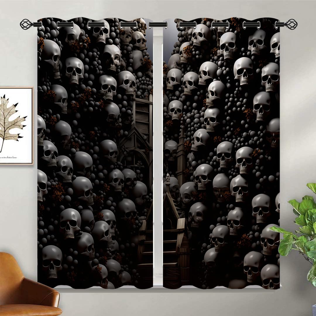 ONINUO Skull Blackout Curtains for Girls Boy Home Decor, Halloween Scary Horror Dead Spooky Gothic Grommet Thermal Insulated Drapes Darkening Window Curtain for Bedroom Living Room, 42 x 45 Inch