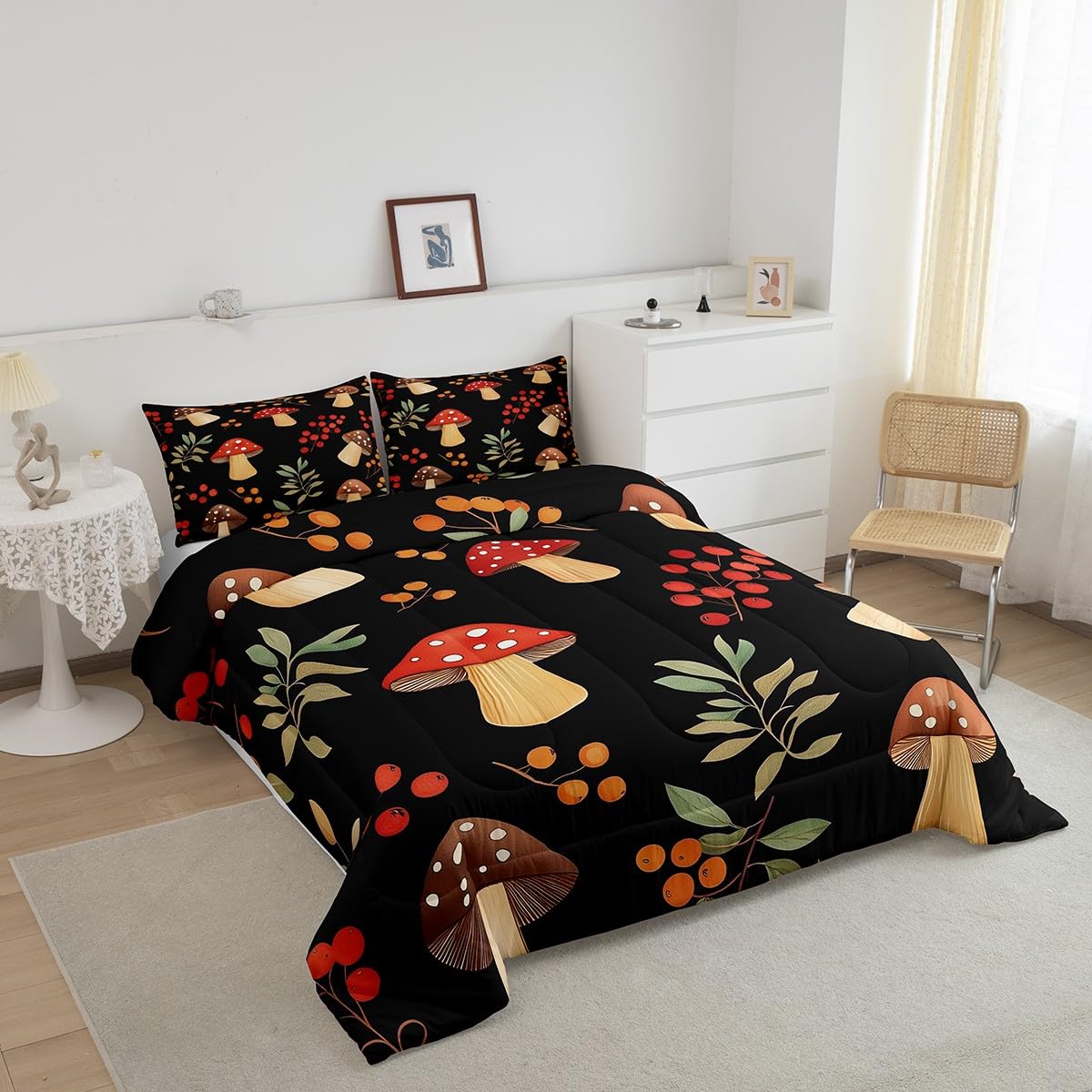 Feelyou Cartoon Mushrooms Bedding Set Kids Boys Girls Queen Size Cute Mushroom Comforter Set Ultra Soft Wild Mushroom Stuff Comforter Mushroom Duvet Set Room Decor Plant Pattern Quilt Set