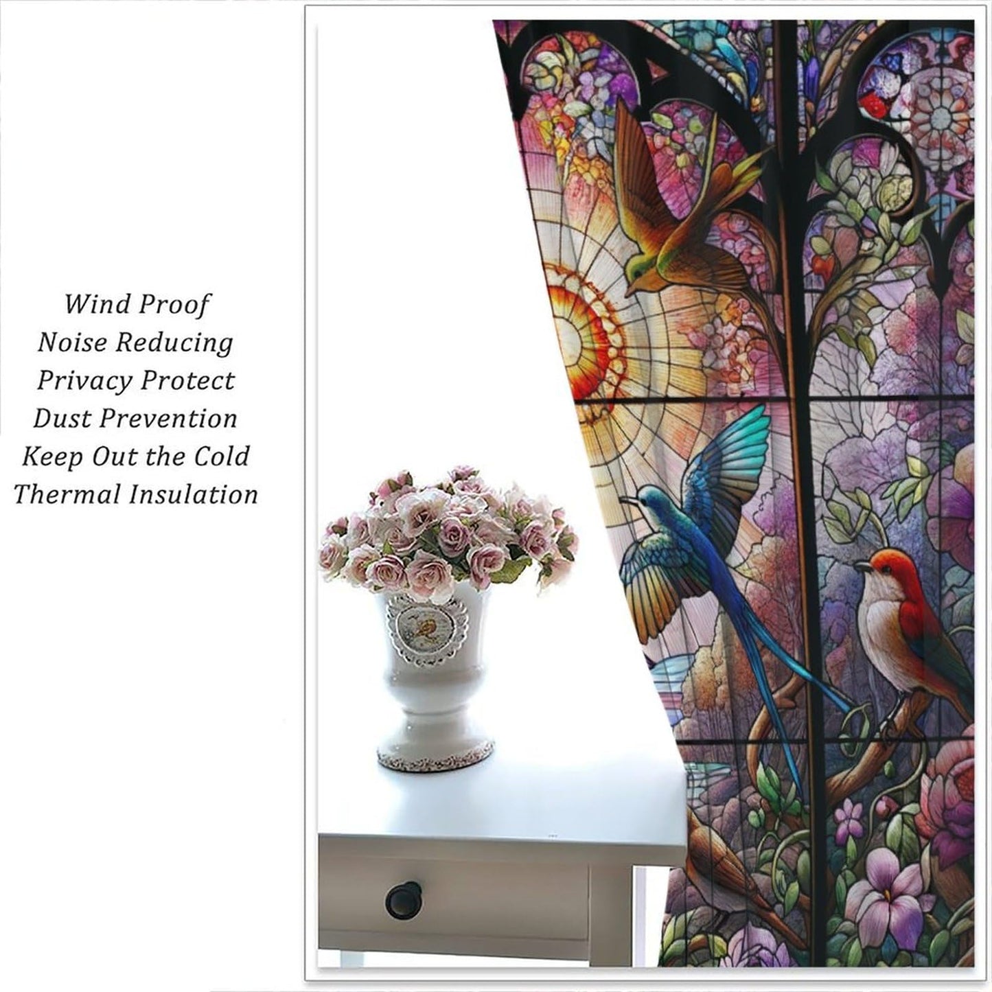FengMingRui Hummingbird Stained Glass Curtains Nature Scenery Floral Flowers Bird Abstract Geometry Window Treatments for Kids Boys Girls Bedroom Living Room Window Drapes 42" W X 45" L