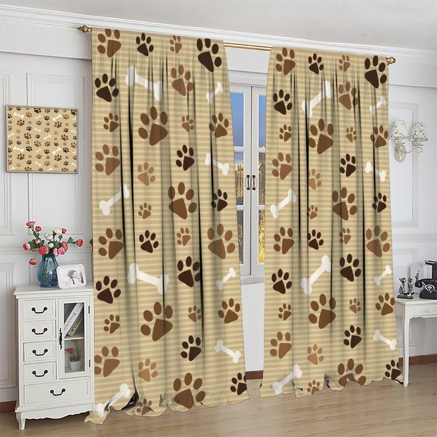 Dog Paw Print Curtains,Cute Animal Paw Print Window Treatments for Kids Boys Girls Bedroom Living Room Décor Drapes 2 Panel Sets Total Size 42" x 45" Brown