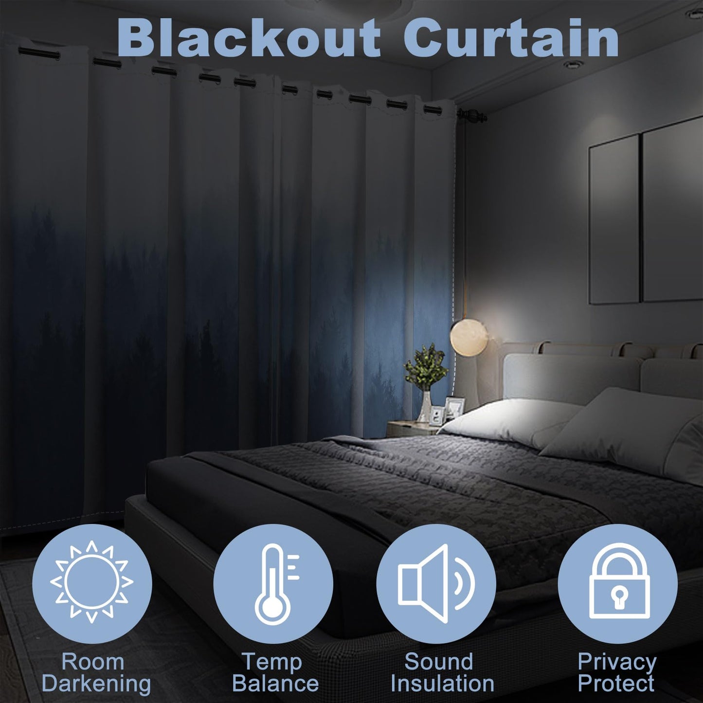 AWERT Blackout Curtains for Bedroom Navy Blue Ombre Forest Window Drapes 2 Panels for Living Room Heat Blocking 21x63inch