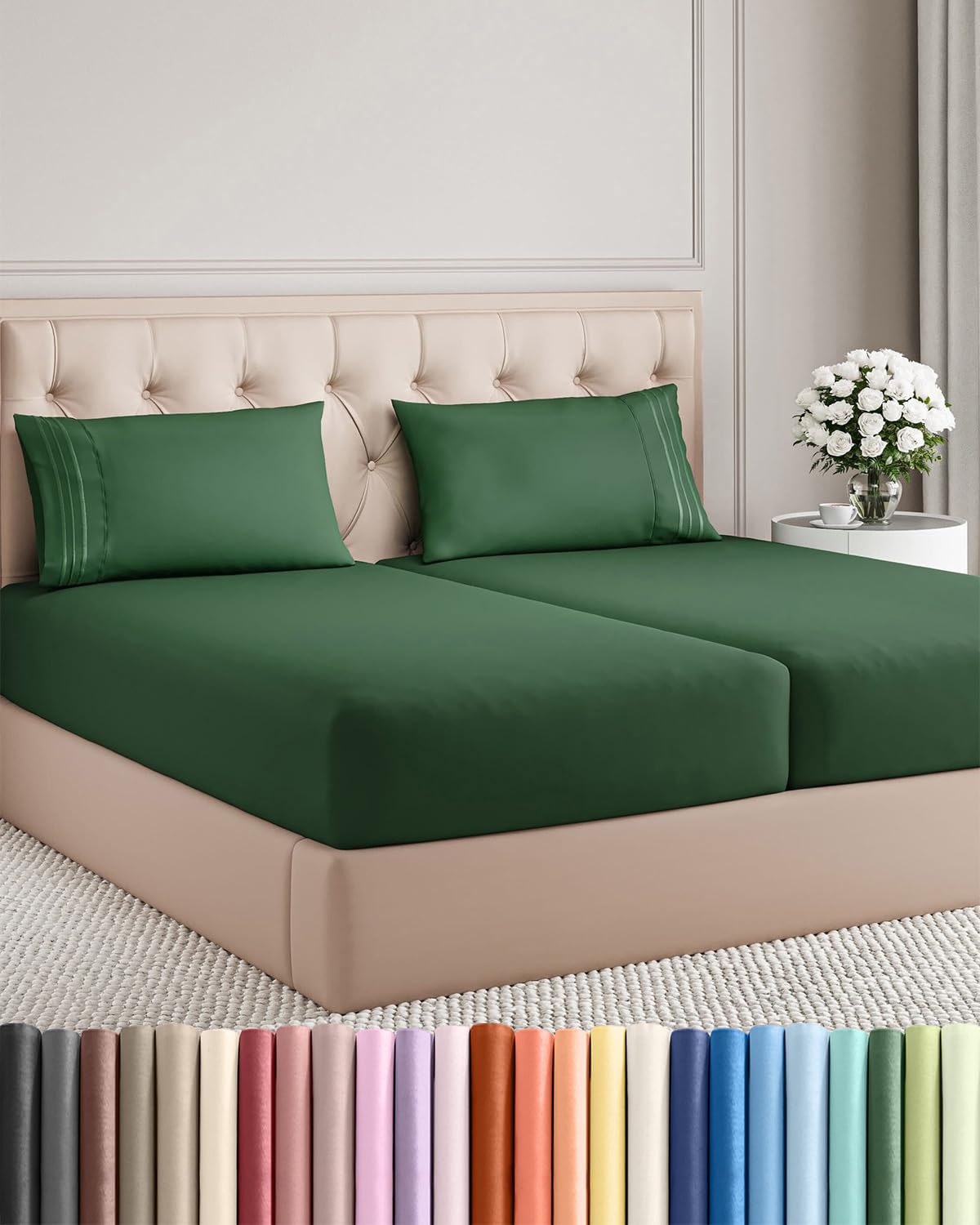 Split King Size 5 Piece Sheet Set - Comfy Breathable & Cooling Sheets - Hotel Luxury Bed Sheets for Women & Men - Deep Pockets, Easy-Fit, Soft & Wrinkle Free Sheets - Emerald Green Oeko-Tex Bed Sheets