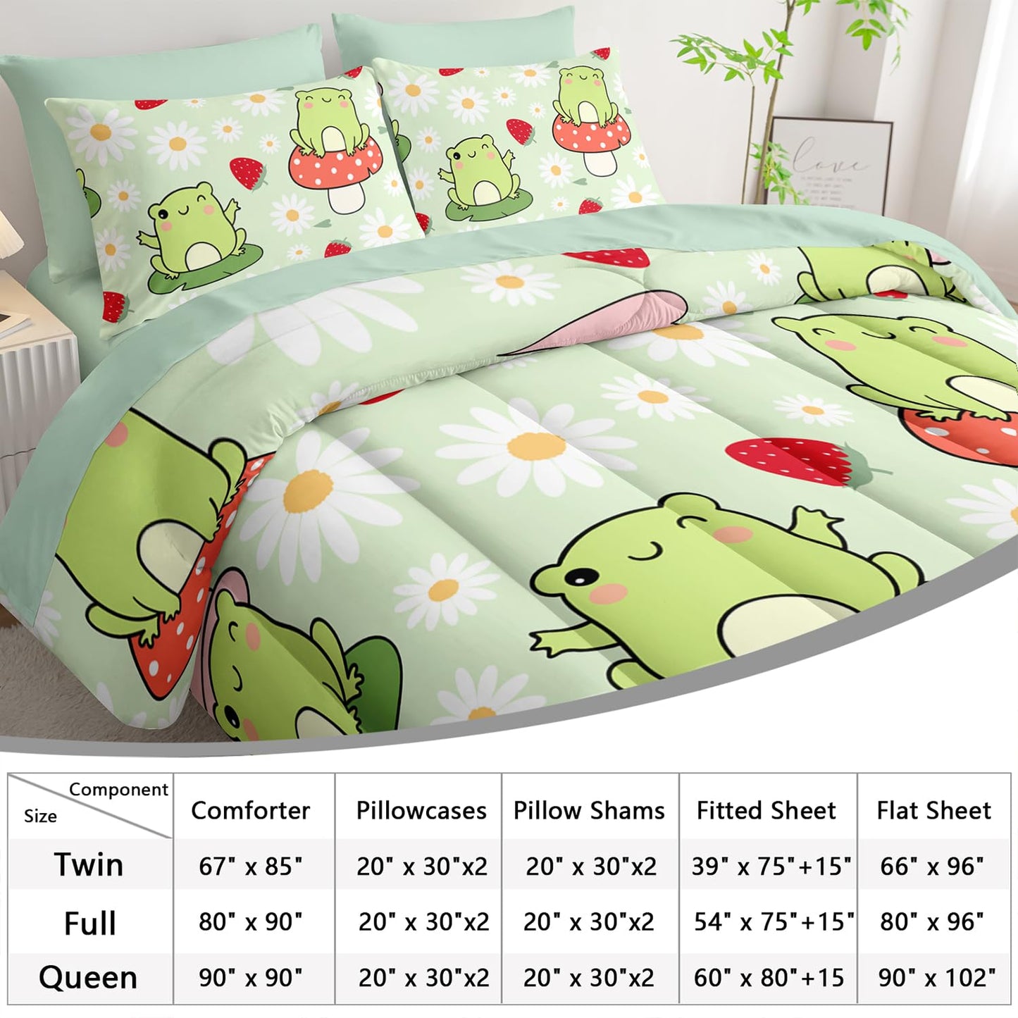 AILONEN Kawaii Frog Comforter Set Full 7-Piece Bed in a Bag,Green Cute Frog Bedding Set for Kids Boys Girls,Soft Comforter & Fitted Sheet with Flat Sheet,2 Pillowcases,2 Pillow Shams