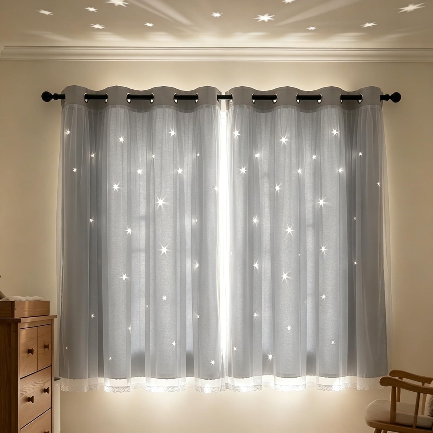 Kinryb 63" Long Star Cut-Out Blackout Curtains 2 Layer Thermal Insulated Overlay Kids Curtains Noise Reducing Drape for Living Room/Bedroom 42" W x 63" L Silver Grey 2 Panels