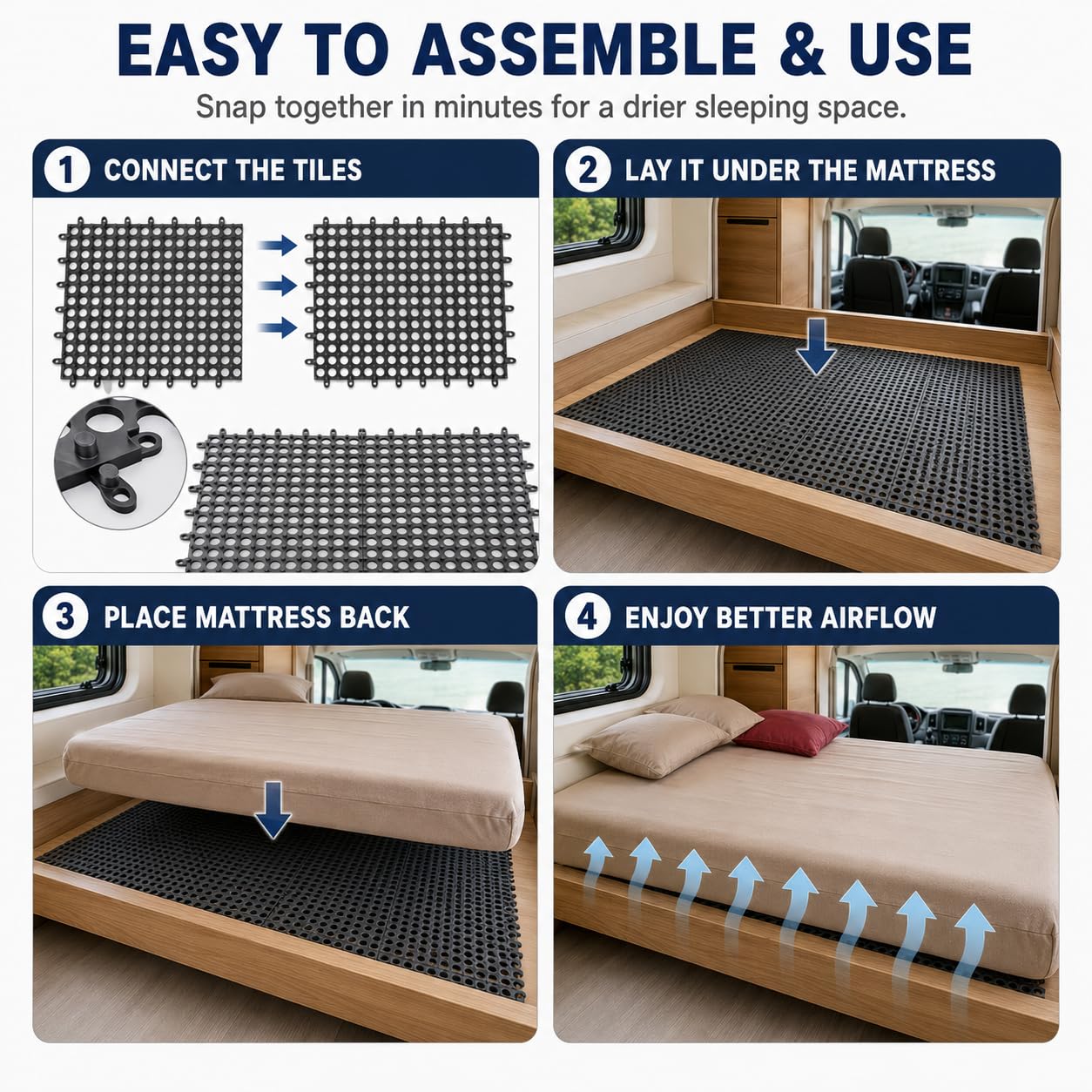 Plastic Ventilated Mattress Underlay Pad, 83" x 59" Breathable Mesh RV Under Mattress Ventilation Pad, Modular Interlocking Underlay for RV, Boat, Camper (Black)