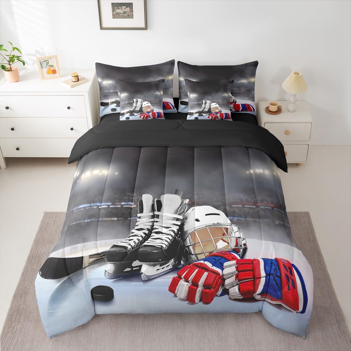 Erosebridal Ice Hockey King Comforter Set, Hockey Player 7-Piece Bed in A Bag, Boys Teens Sports Game Sheets and Pillowcases, Winter Sports Bed Sets
