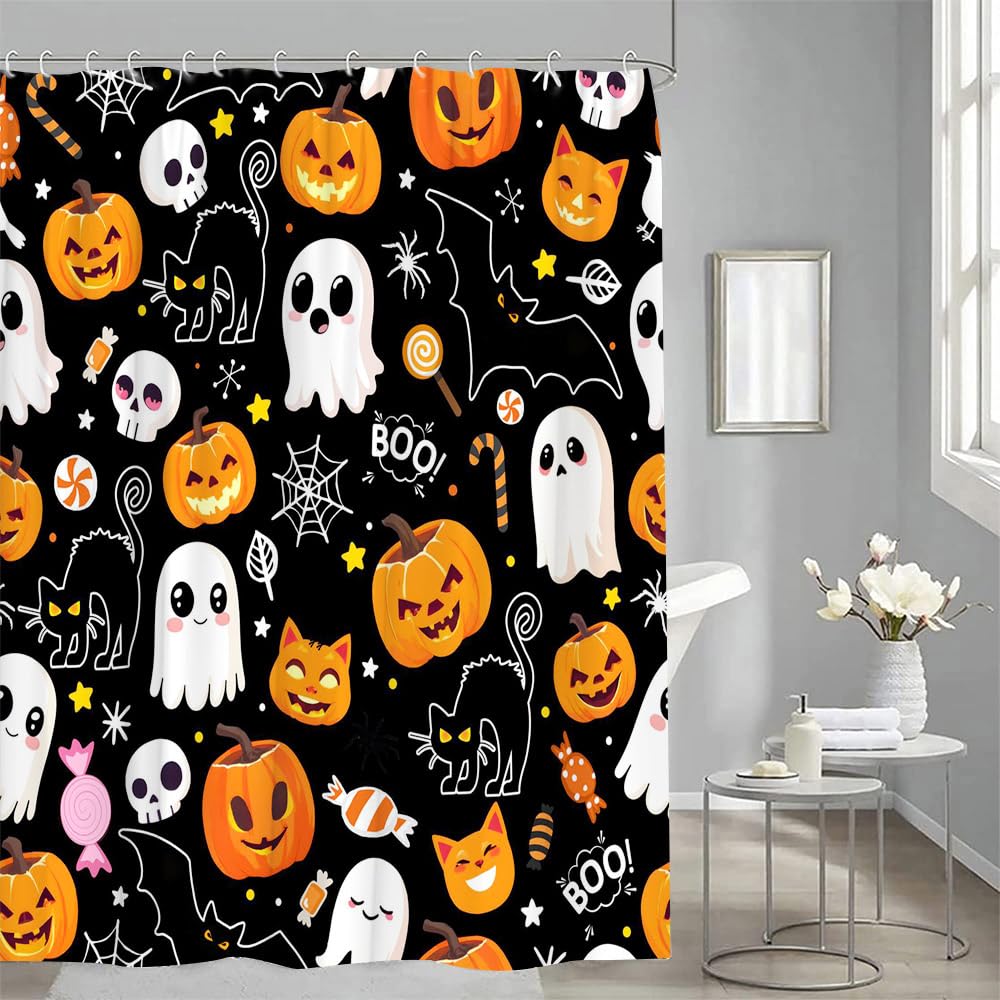 YSSFAV Halloween Ghost Shower Curtain Cute Halloween Spooky Pumpkin Black Cat Bat Spider Bathroom Decor Curtains Set with Hooks, 70" W x 70" H