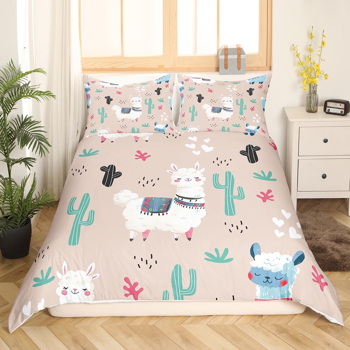 Manfei Cute Alpaca Duvet Cover Set Queen Size, Cartoon Llama Comforter Cover with 2 Pillowcases, Tropical Plant Cactus Bedding Set 3pcs for Kids Boys Girls, Lightweight Bedspread Cover,No Comforter