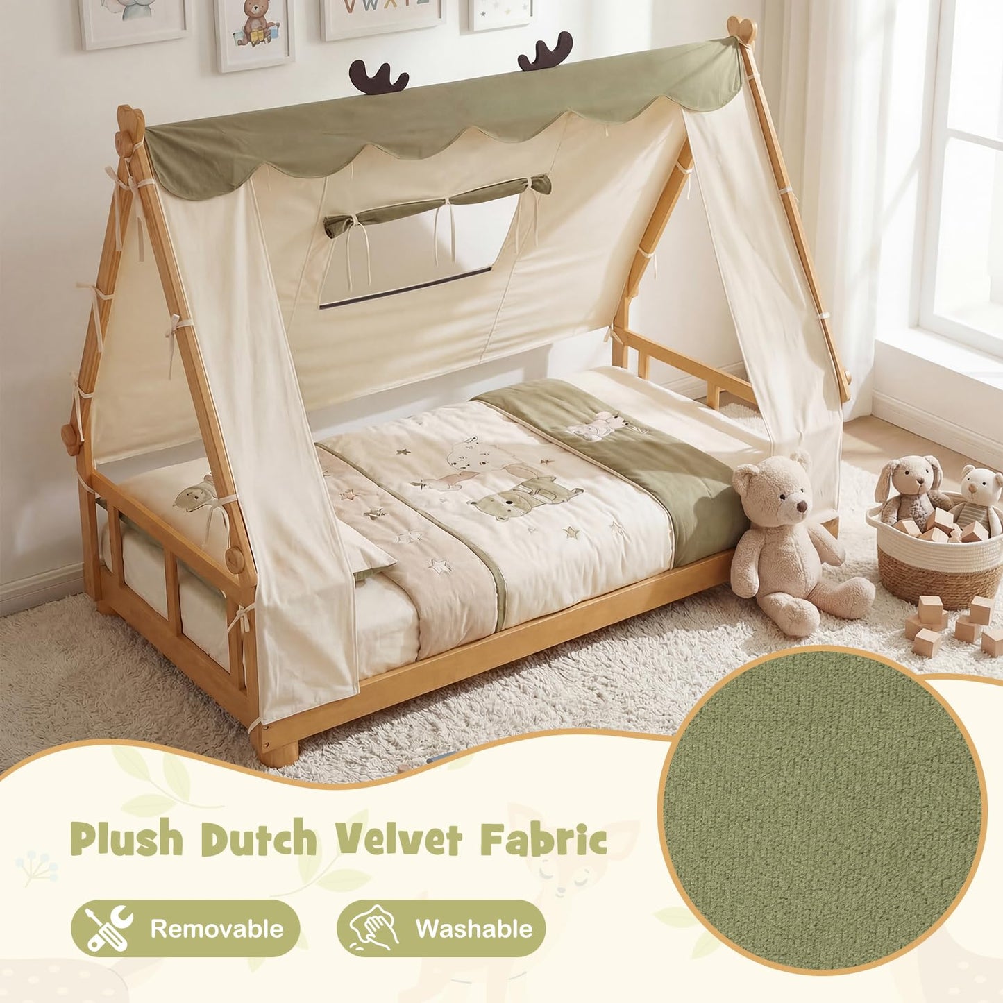 Costzon Twin Bed Frames for Kids, Wooden House Antlers-Shaped Floor Bed