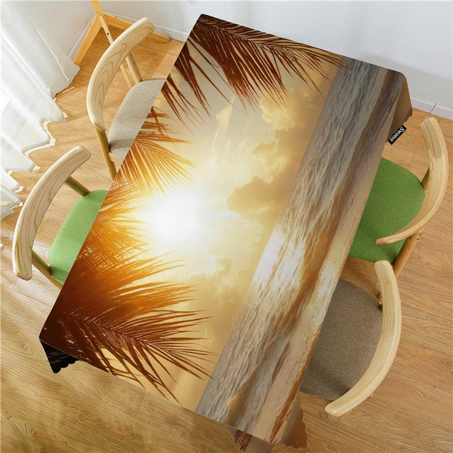 Swono Beach Palm Tree Table Cover Sunset Ocean Sea Waves Coast Palm Leaf 50x72 Inch Table Cloth for Rectangle Tables Buffet Parties Coffee BBQ and Dinning Tablecloth