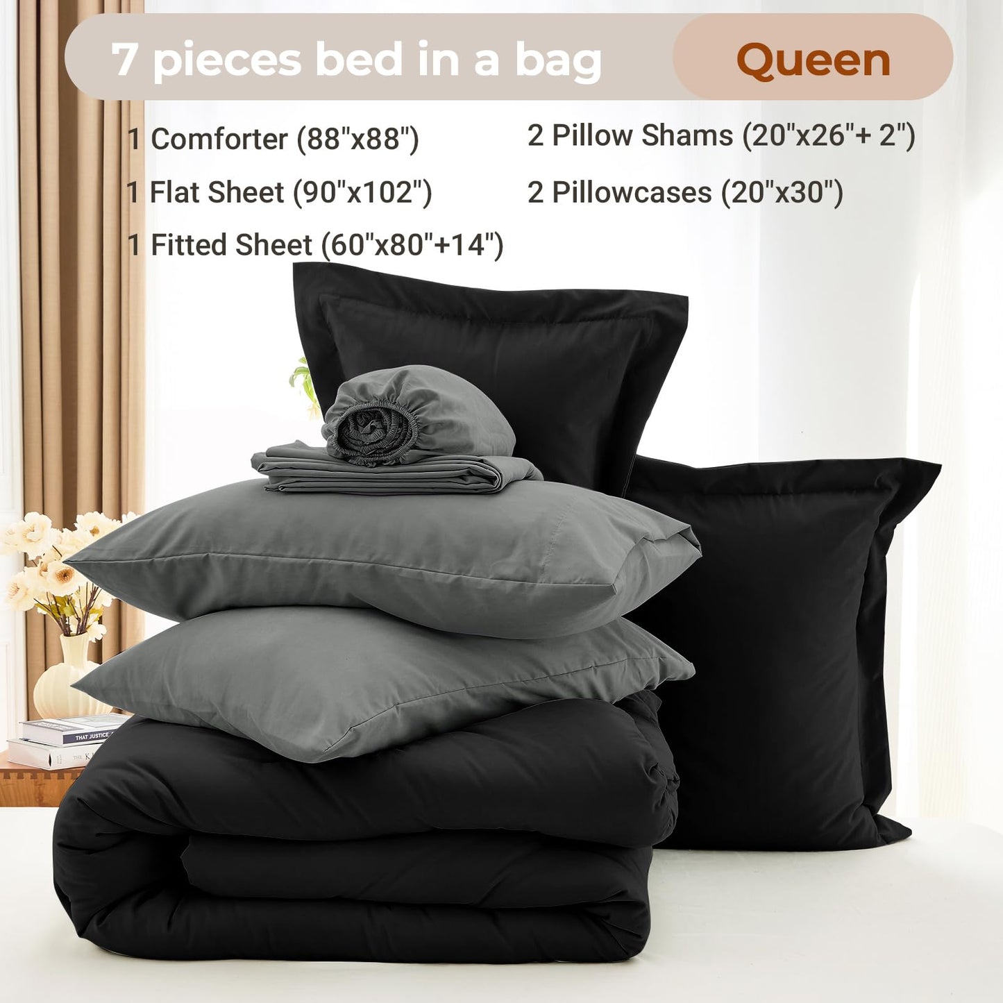 MUXHOMO 7 Pieces Queen Comforter Set, Soft Bed in a Bag Queen Size, All Season Bedding Set with Comforter, Flat Sheet, Fitted Sheet, Pillowcases & Shams, Black & Grey