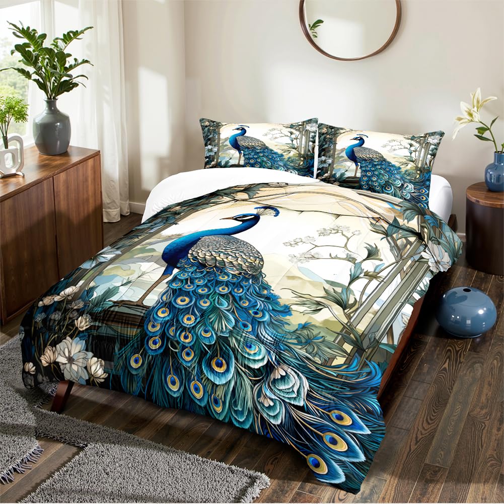 CCoutueChen Blue Peacock Comforter Set King Size Bird and Floral Bedding Set Animal Feather Bedding Sets Victorian Style Flower Birds Comforters Soft Down Alternative Comforter Sets for All Season