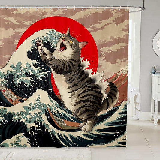 jejeloiu Japanese Wave Shower Curtain for Bathroom Decor Ukiyoe Theme Bath Curtain for Stalls Bathtubs Hokusai Pattern Bathroom Accessories Waterproof Polyester Fabric with 12 Hooks 72"x72"