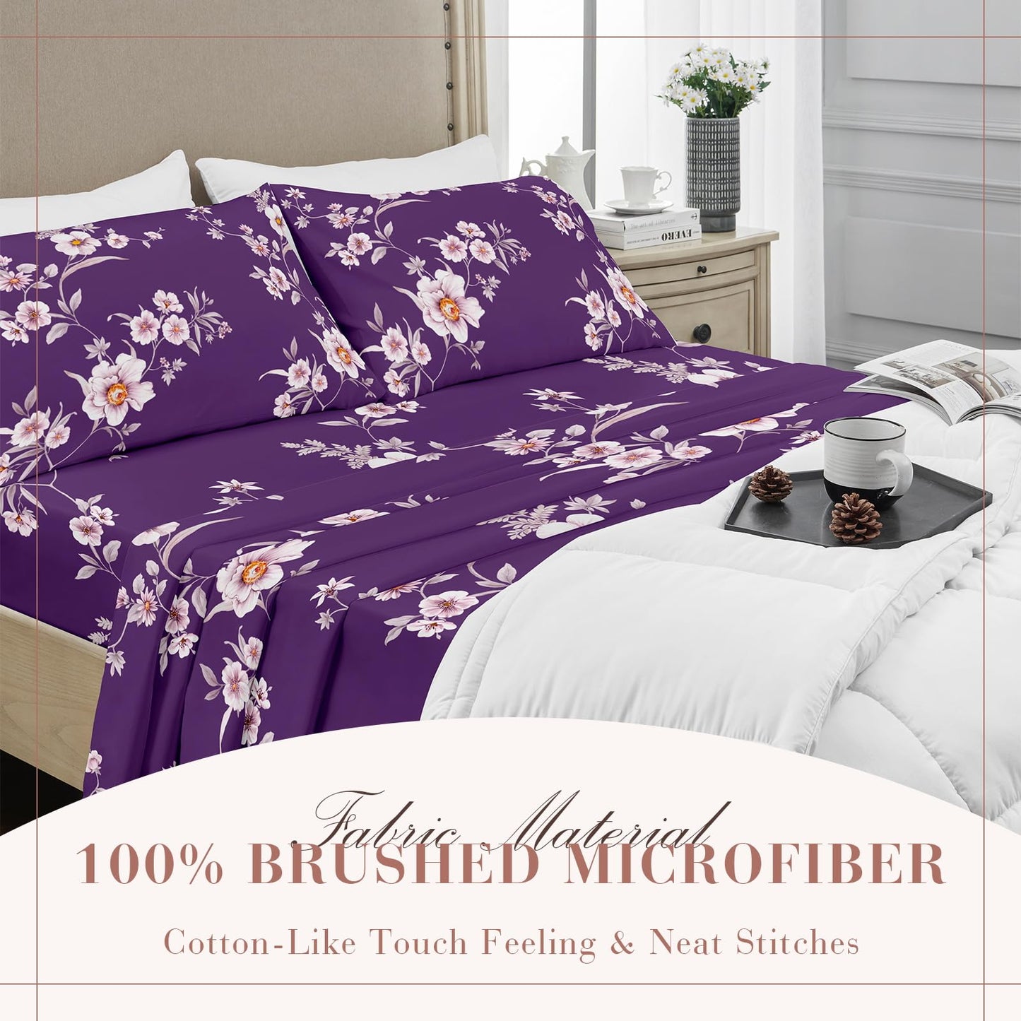 YIYEA Floral Sheets Full Size, Premium Double Brushed Microfiber Bed Sheet Set for All Season, Soft Breathable, 16" Deep Pocket, Shrinkage and Fade Resistant, 4PC, Full