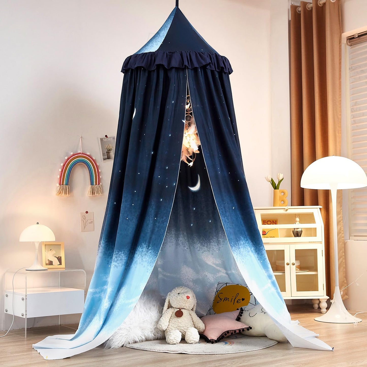Kertnic Decor Princess Canopy for Girls Bed, Soft Smooth Playing Tent Canopy Room Decoration Castle, Dreamy Mosquito Net Bedding, Reading Nook Canopies in Home (Night Sky-Ruffle)
