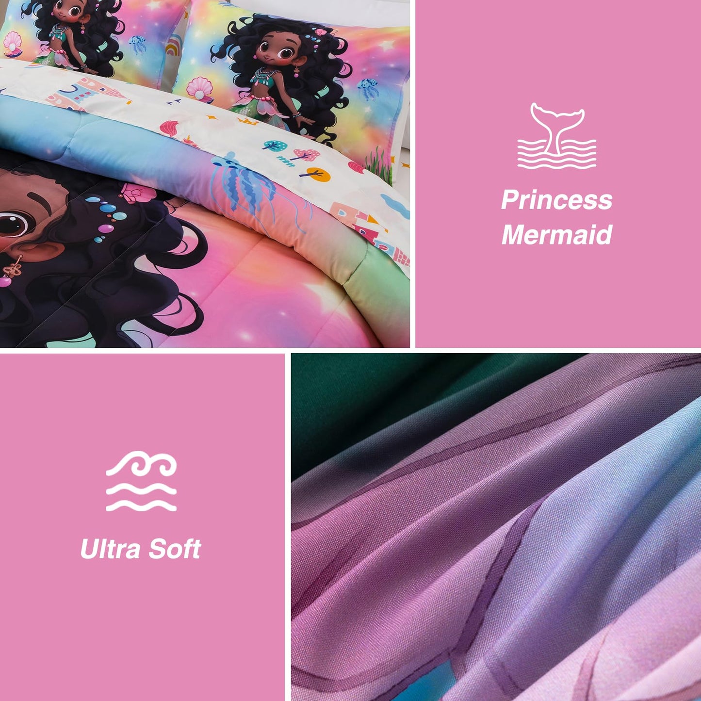 A Nice Night 6pcs Comforter Set,Black Girl Princess Mermaid with Green Tail Printed,Pink Gradient Glitter Rainbow Background Kids Bedding Set,Twin