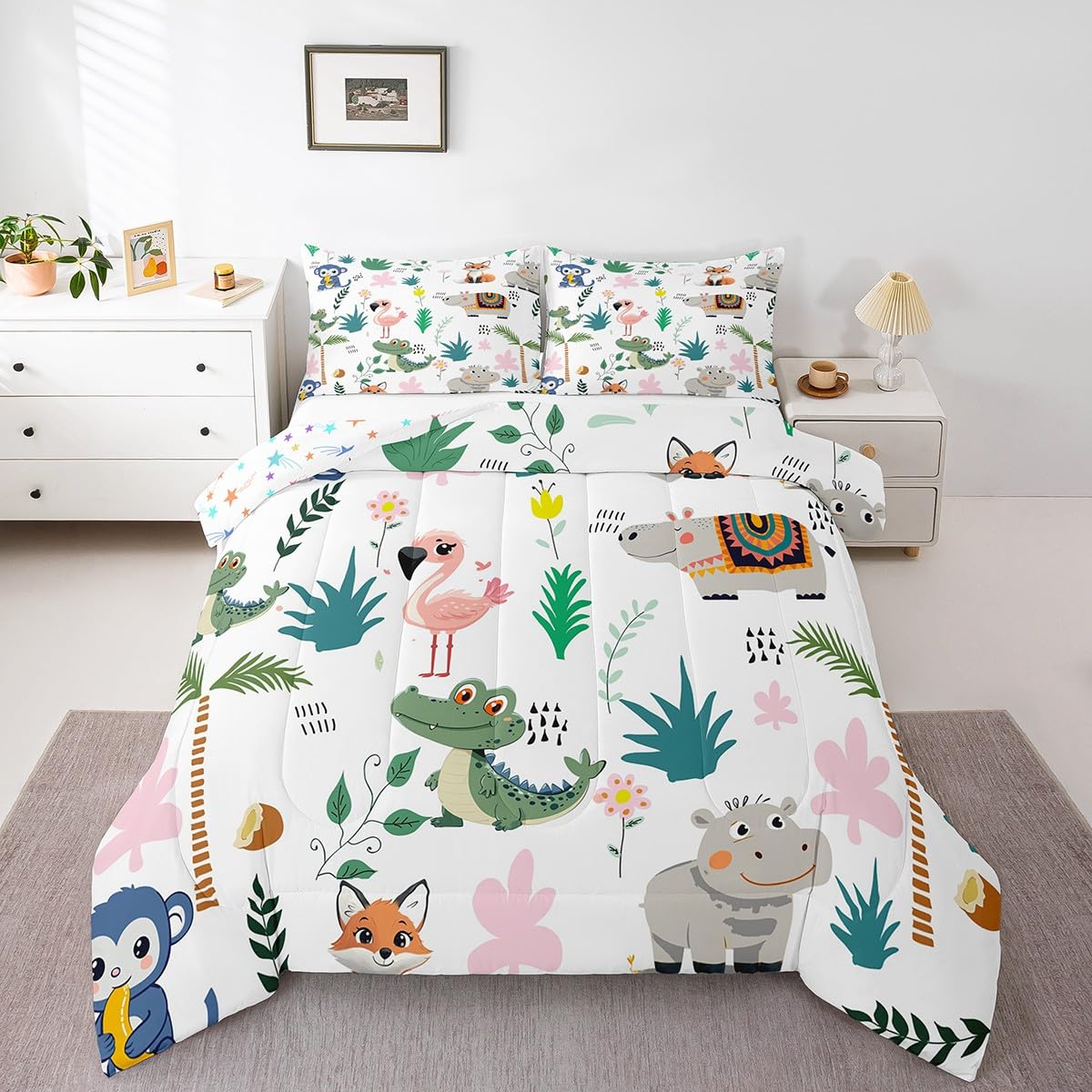 Feelyou Dinosaur Cartoon Fox Comforter Set for Girls Boys Kids King Size Wild Animals Comforter Room Decorative Hippo Bedding Set Botanical Zoo Animals Duvet Set 3Pcs Quilt Set