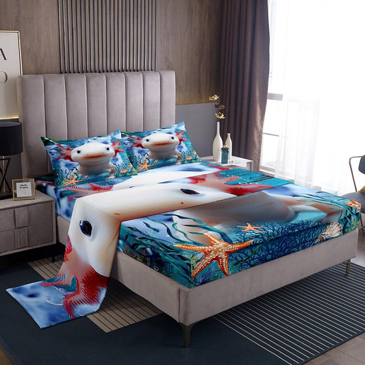 Cute Axolotl Fitted Sheet Set Full Size 4 Pcs,Seaweed Coral Conch Bedding Set(1 Fitted,1 Flat,2 Pillows),Sea Creatures Theme Luxury Deep Pocket Bed Sheets for Girls Teens Room