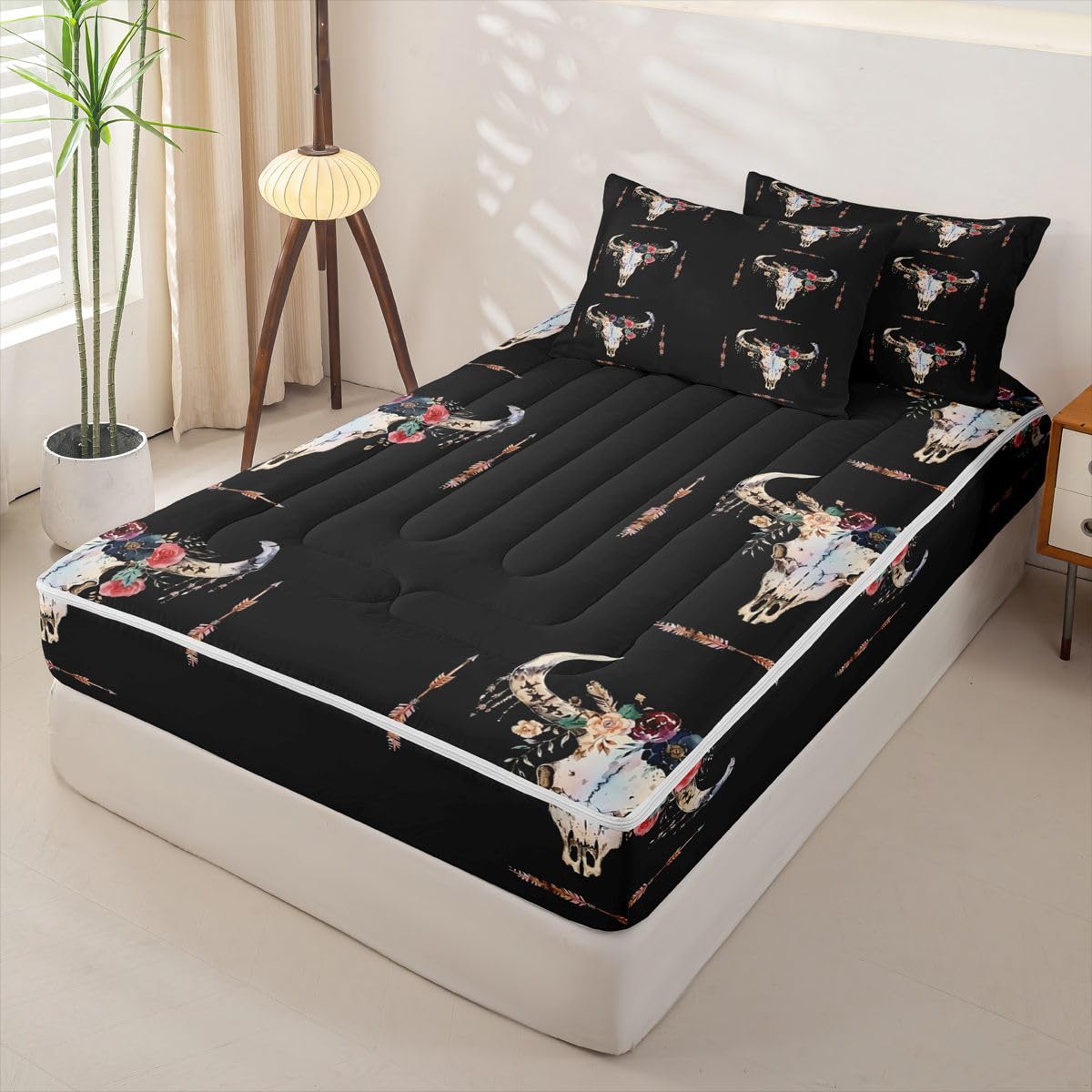 Erosebridal Bull Skull Zipper Comforter Set Twin Boho Bedding Set Bull Head Aztec Bed in a Bag Rose Leaf Print Zippered Quilt Fitted Sheet,2 Pillowcases