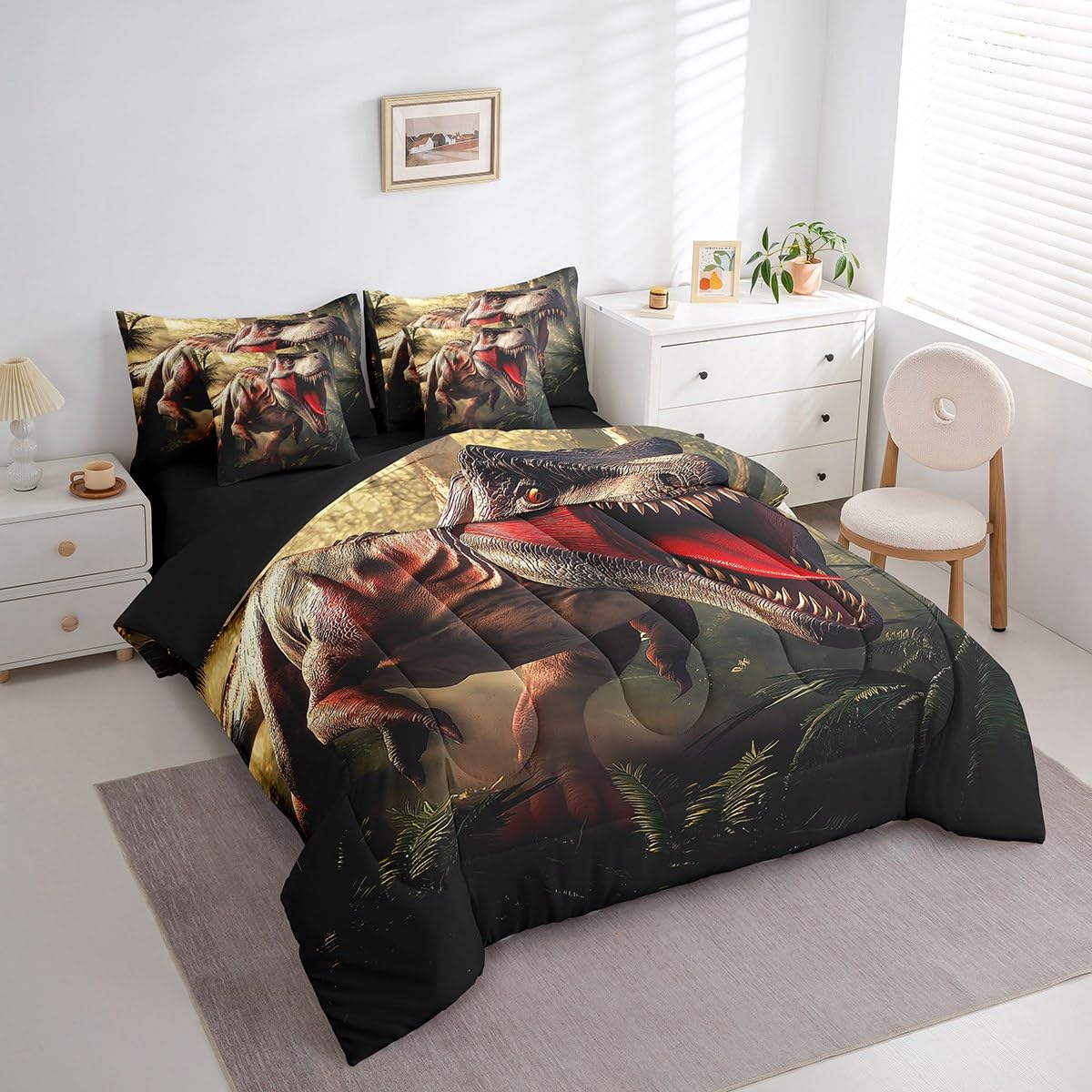 Erosebridal Dinosaur Queen Bedding Set - Fierce Animal Bed in A Bag,Forest Jungle Theme Comforter Sets with Sheets, Wild Animal Print 7 Pieces Bed Set Bedroom Decor