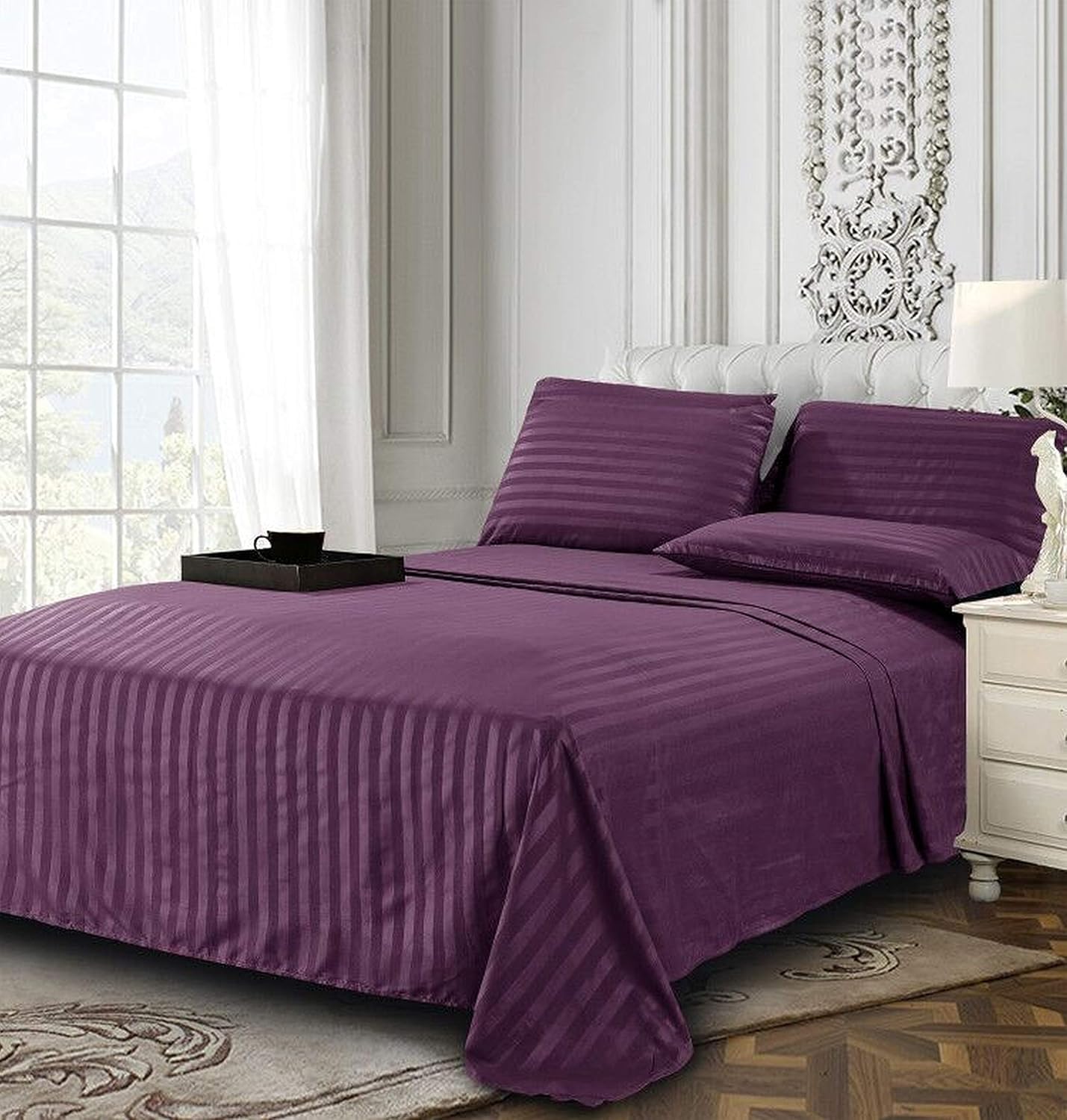 Elegant Comfort Luxury Soft Bed Sheets Dobby Stripe 1500 Premium Hotel Quality Microfiber Softness Wrinkle and Fade Resistant (4-Piece) Bedding Set, Twin XL, Stripe Sangria Purple