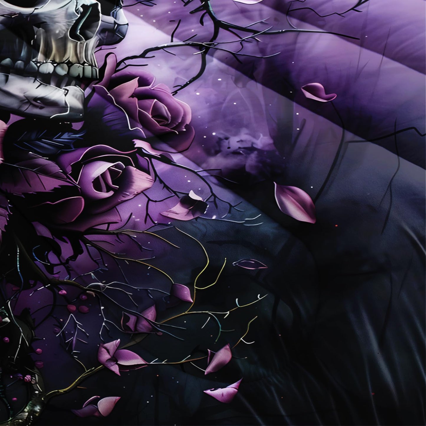 HOSIMA Death Skull Queen Bedding Sets,Skull Surrounded by Flowers Print Gothic Comforter Set,Branch Pattern Horror Themed Halloween Comforter for Women Girls Room Decor with 2 Pillowcases.