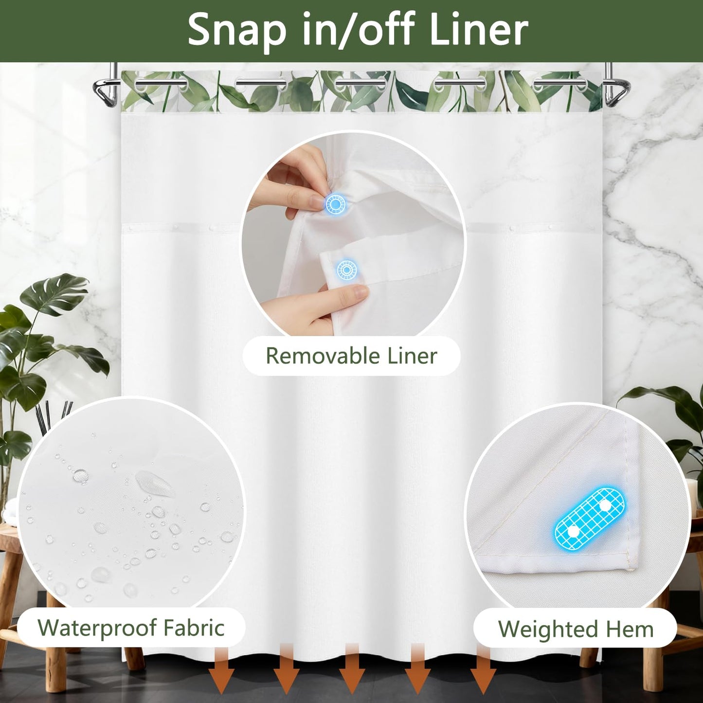 No Hook Light Green Leaves Shower Curtain with Snap in Liner, Waterproof Double Layers Fabric Shower Curtain, Modern Farmhouse Nature Botanical Bathroom Curtains with Top Sheer Window, 71x74 Inch