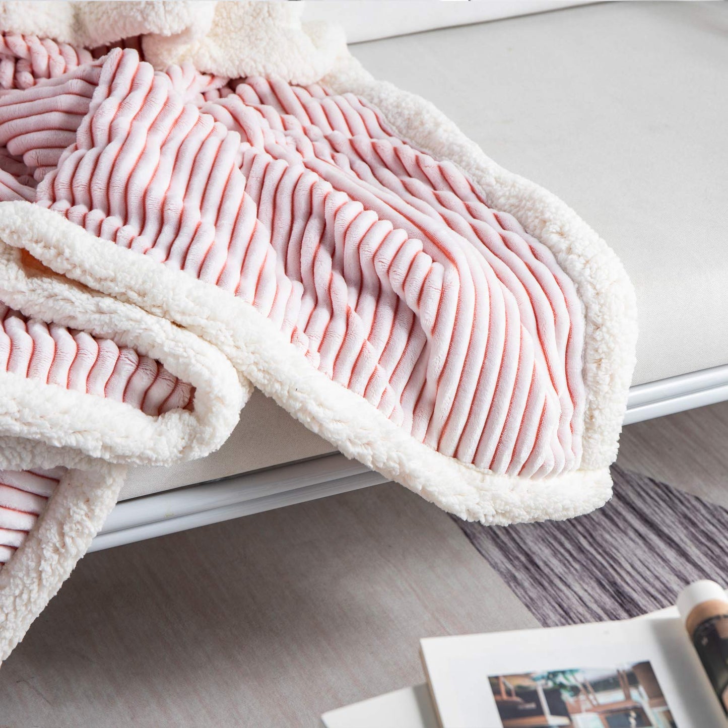 DISSA Sherpa Fleece Blanket 71x80, Pink & White Soft, Plush, Fluffy, Warm, Cozy, Thick Perfect for Couch, Bed, Sofa, Chair - Reversible Queen Size Blanket