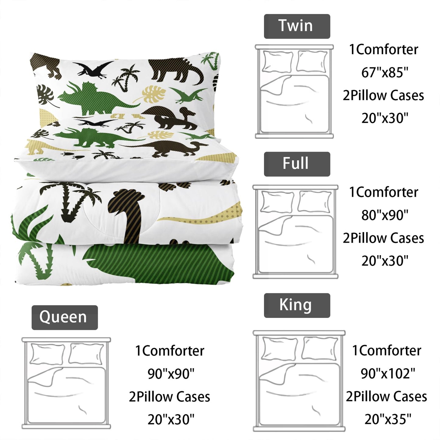 Nttopship Cartoon Dinosaur Comforter Set Twin Size 3 PCS,Green Dinosaur Printed Quilt Set for Bedroom Soft Microfiber All Season Print Quilt Set with 1 Comforter and 2 Pillow Case