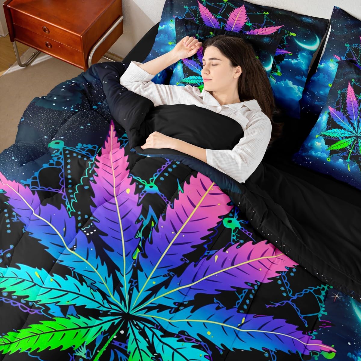 Erosebridal Leaves Twin Comforter Set 7 Pieces, Bohemian Mandala Bed in A Bag, Leaf Bedding Set with Comforters, Sheets, Pillowcases Galaxy Starry Sky Bedroom Decor