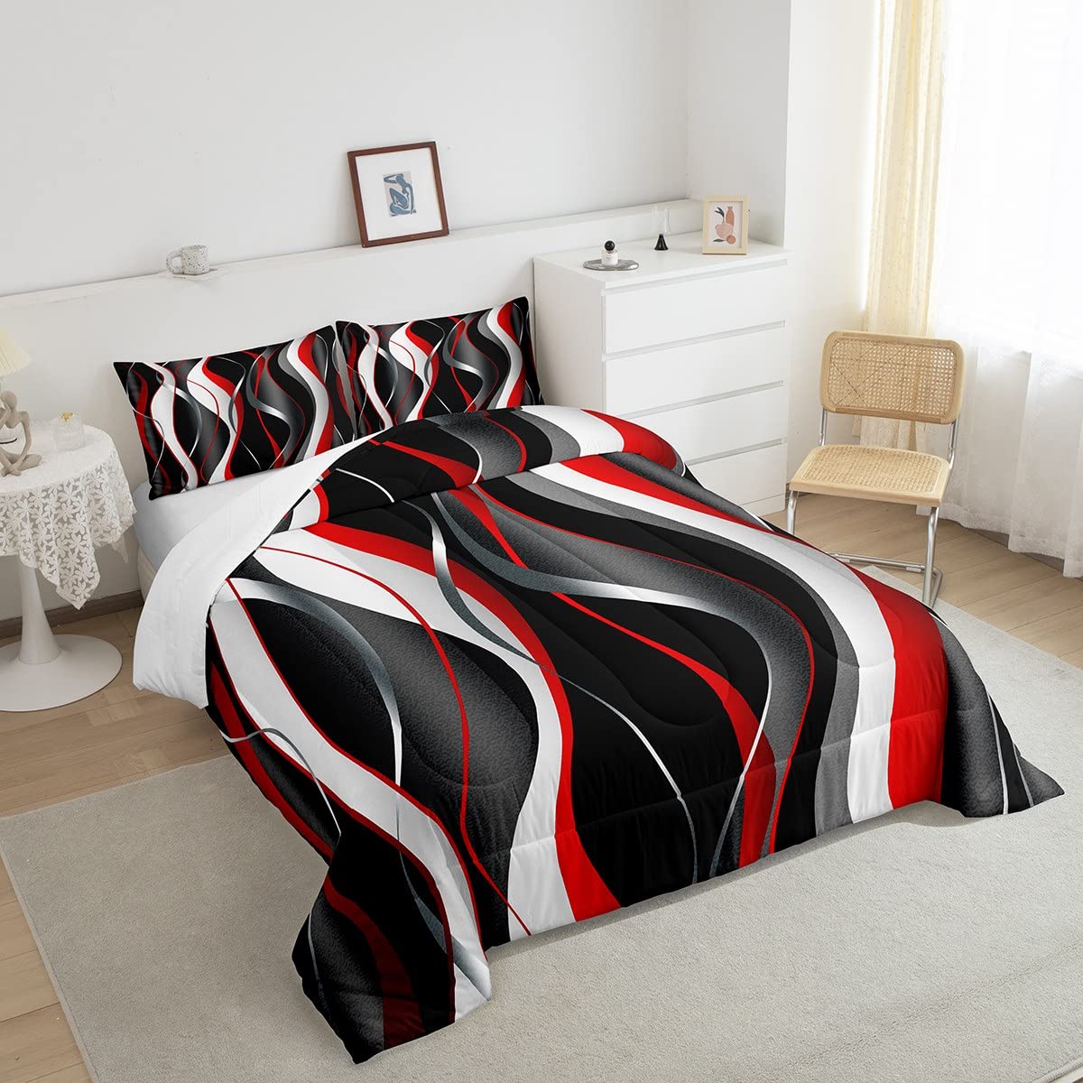 Feelyou Red Grey Black Comforter Set Geometric Spiral Pattern Duvet Set for Kids Boys Girl Modern Abstract Inner Fill Bedding Set Grey White Comforter 1 Comforter Set with 1 Pillowcase Twin Size