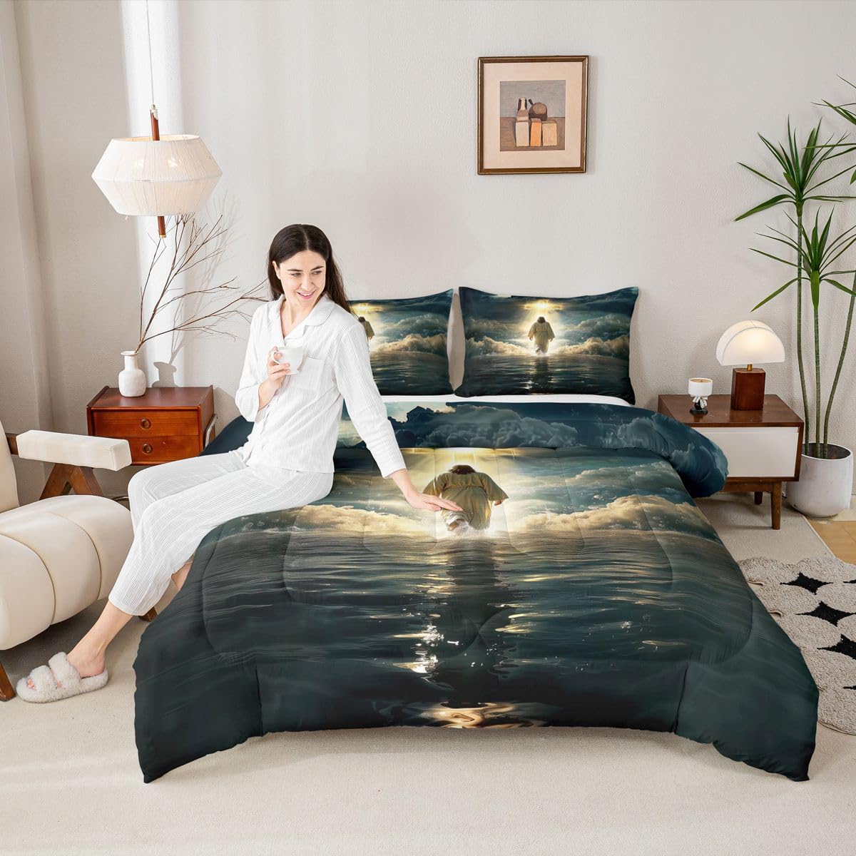 God Walking on Water Girls Bedding Set Twin Size,Western Faith Bible Verse Comforter Set,Spiritual Blue Ocean Quilt Comforter Girls Boys Teens,Golden Dark Blue Room Decor All Season,1 Pillowcase