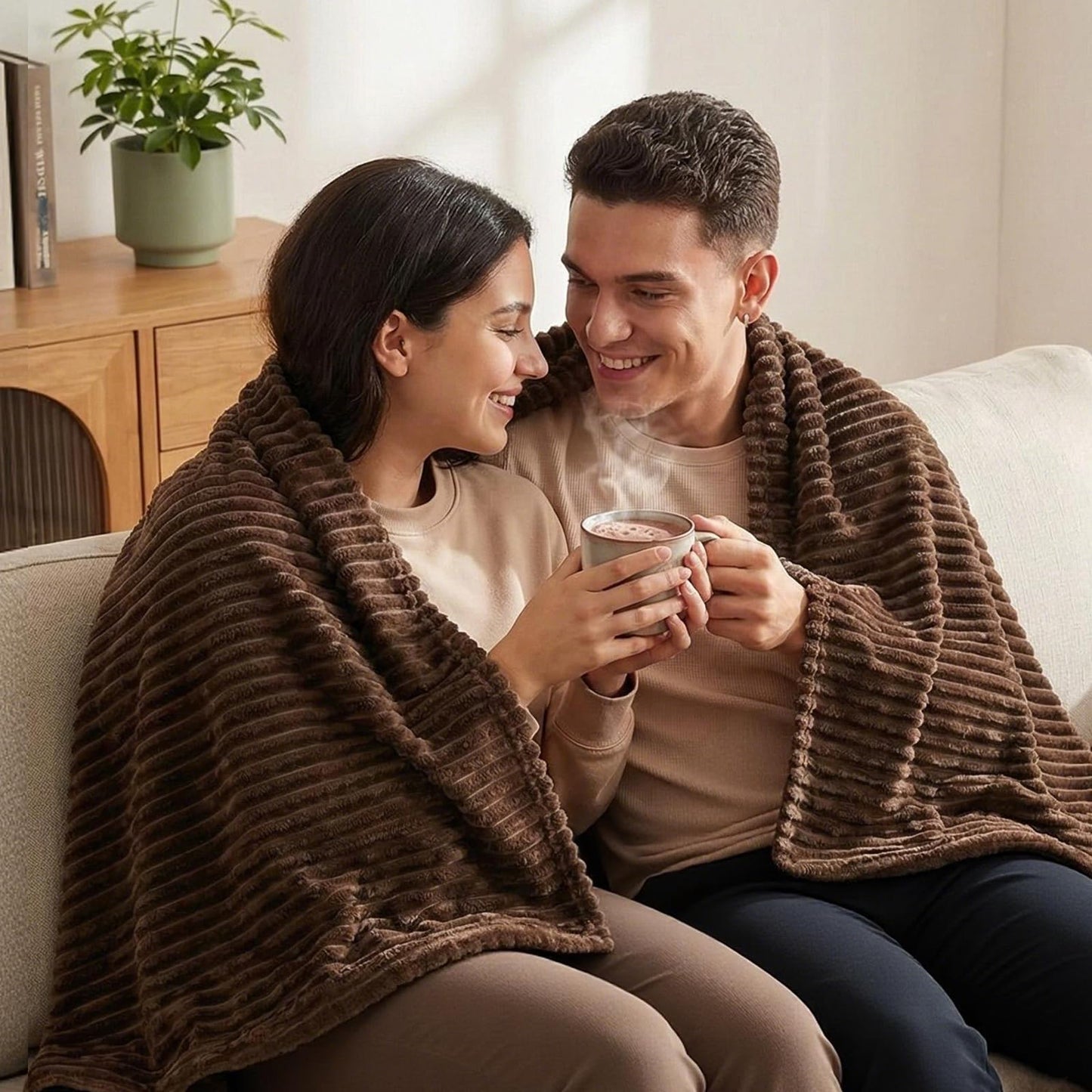 Vessia Flannel Fleece Throw Blanket, 300GSM Cozy Brown Stripe Throw for Couch, Sofa and Bed, Warm and Soft Chocolate Microfiber Ribbed Blanket for All Season