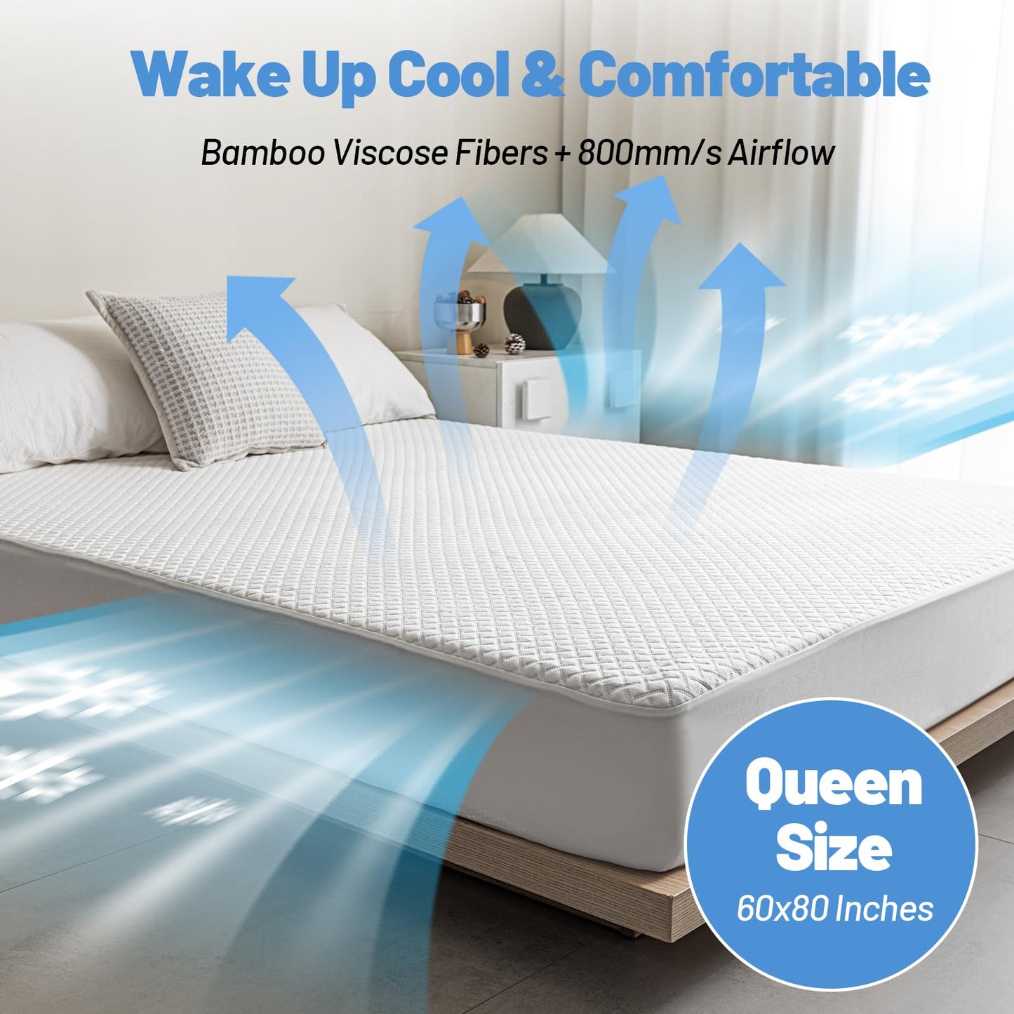 Premium Bamboo Mattress Protector – Queen Size, Waterproof, & Ultra Soft Breathable Noiseless Washable Bed Mattress Cover for Comfort & Protection MC02QUEEN-T