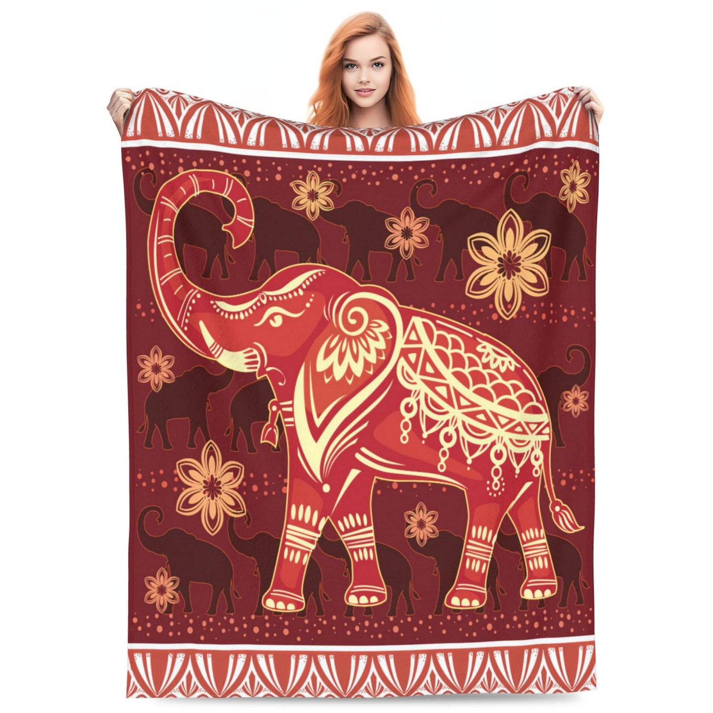 SweetFox Elephant Blanket Red Boho Elephant Decor Throw Blanket Gifts for Girls Boys Super Warm Soft Plush Lightweight Fleece Flannel Winter Couch Bedding Blankets for Kids Adults Women Men 50"X40"