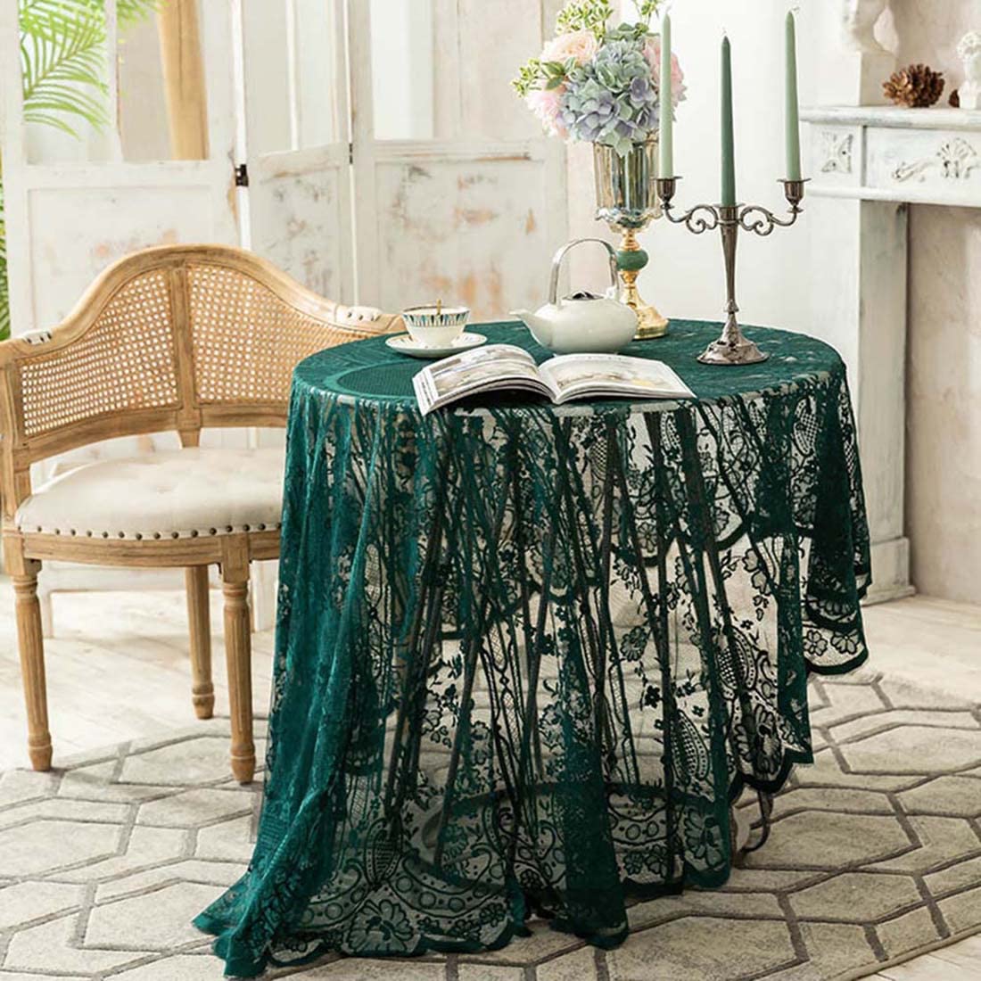 JAIJY Vintage 60 inch Green Lace Tablecloth Floral Embroidered Boho Shabby Chic Small Table Cover for Wedding Halloween Party Dinning Holiday, 1 Piece