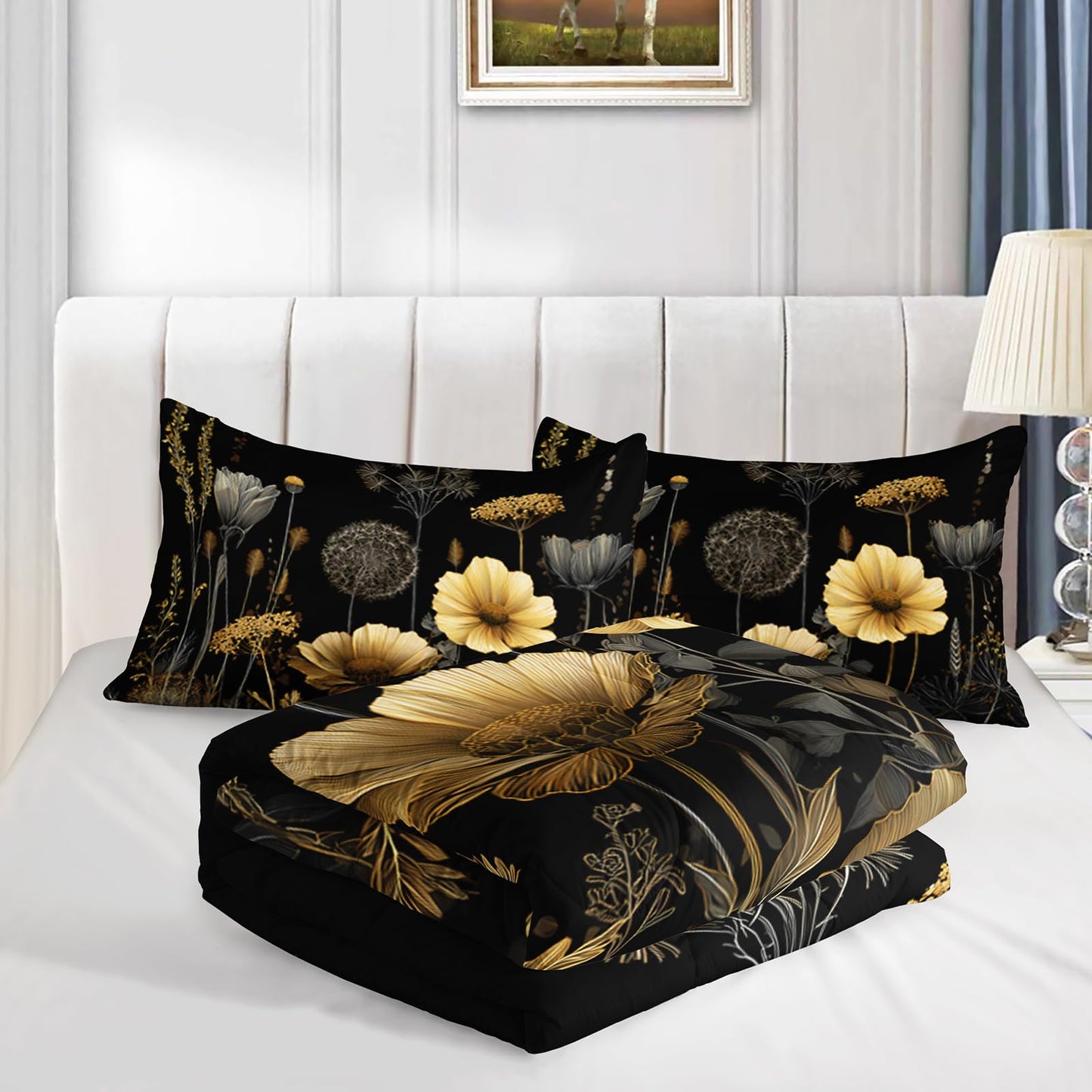 AILONEN Dark Meadow Full Comforter Set 3 Piece, Yellow Poppy Bedding Pack, Dandelion Stem Art, Guest Bedroom, 2 Pillowcases