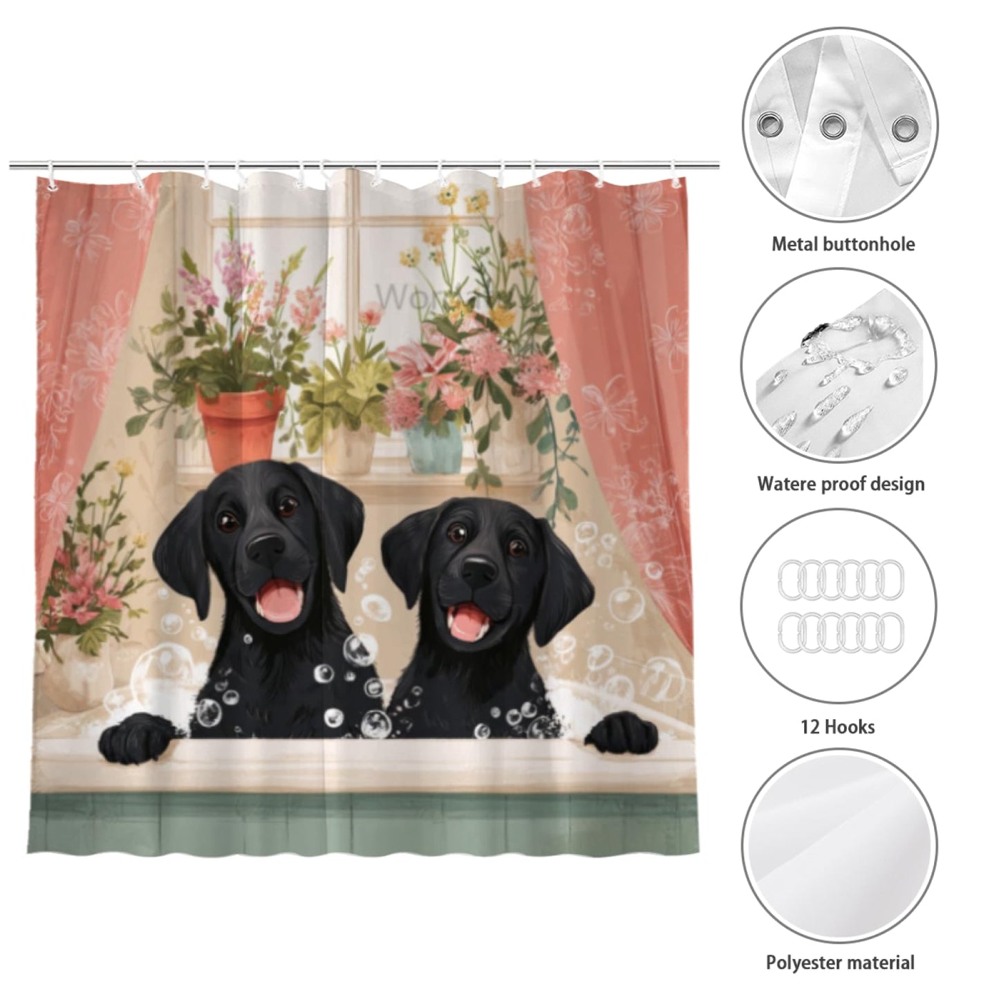 Wordatu Cute Black Labrador Dog Shower Curtain Cute Hilarious Animals Puppy Wooden Window 72x72 Inch Floral Flowers Bubbles Leaves Botanical Fabric Decor Bathroom Polyester Waterproof