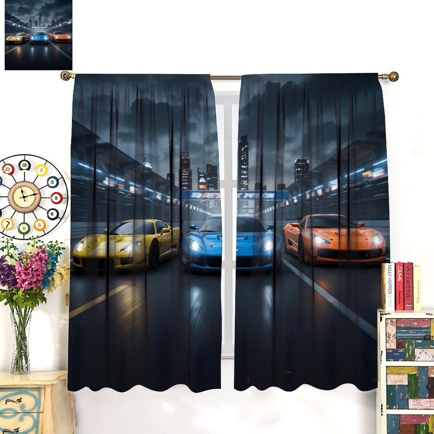 Nsbul Speed Racing Curtain, High-Speed Night City Extreme Sport Cars Cool Design Window Drapes for Kids Boys Bedroom Living Room, 42" W X 45" L (No Blackout)