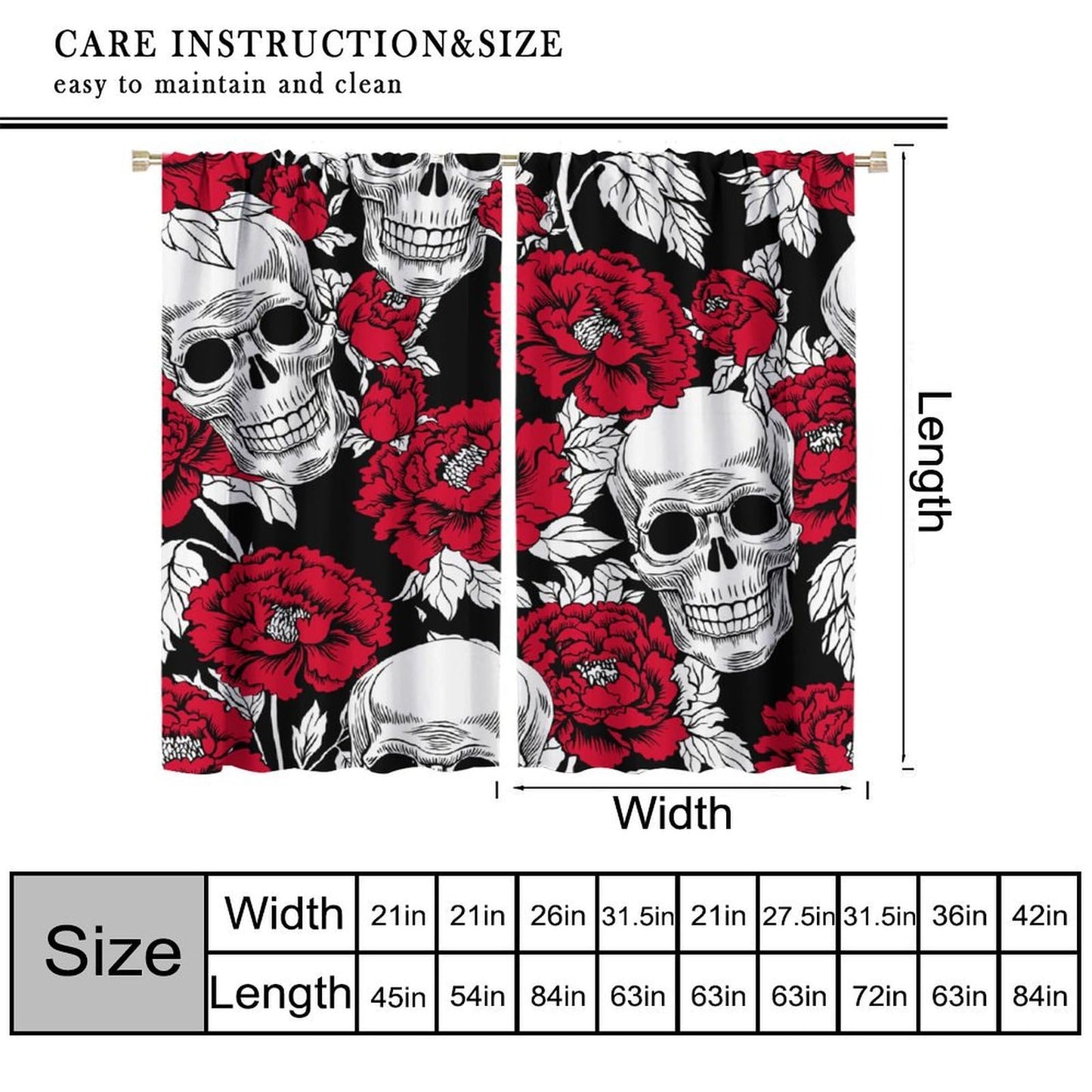 HZOHNAGO Gothic Curtains Skull Red Floral Pattern Blackout Print Rod Pocket Window Drapes for Bedroom Living Room 42x45in