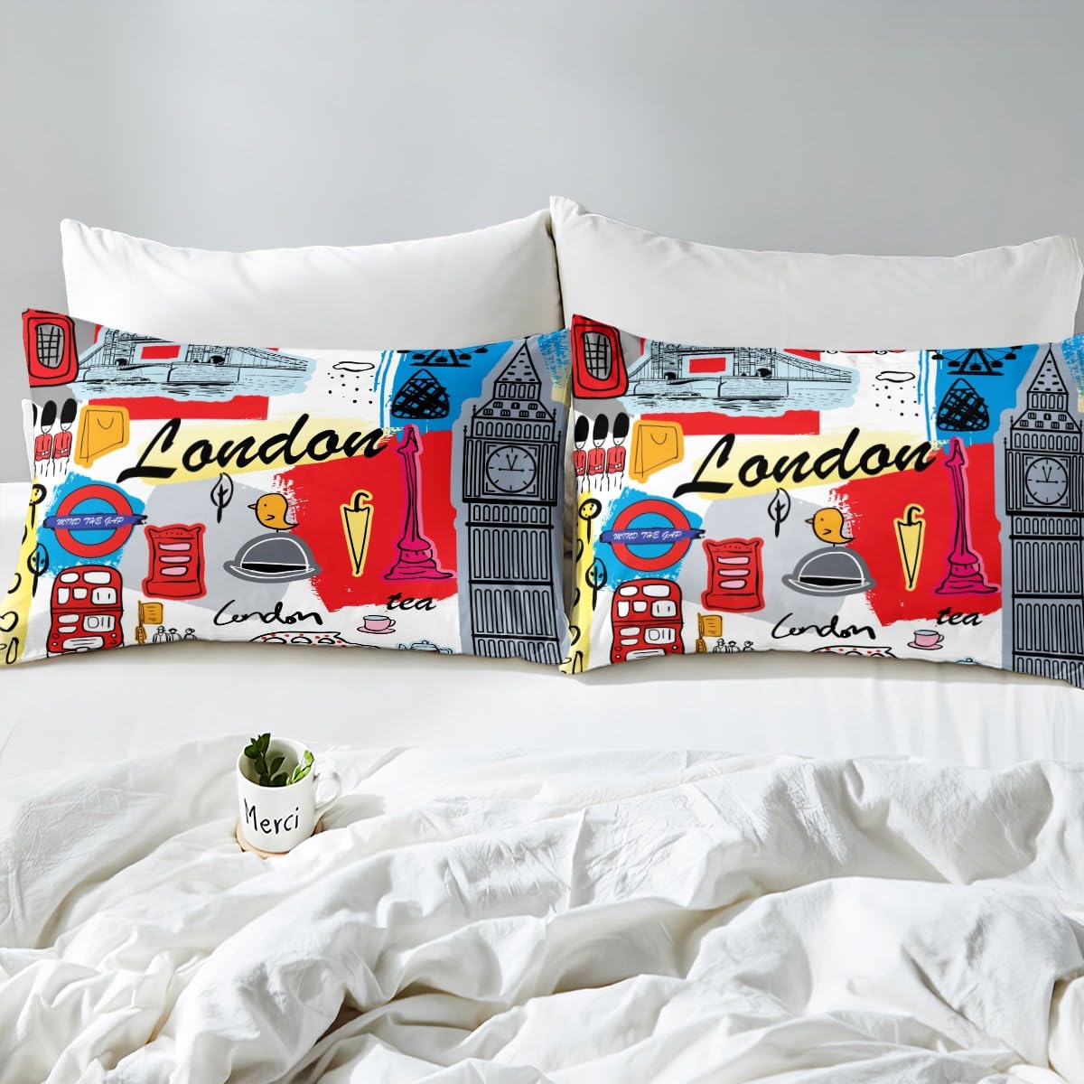 London Themed Fitted Sheet Red Retro Telephone Booth Bed Sheet Set for Kids Children Historical European Scenery Bedding Set Famous City Scene Bed Cover Twin Size with 1 Pillow Case