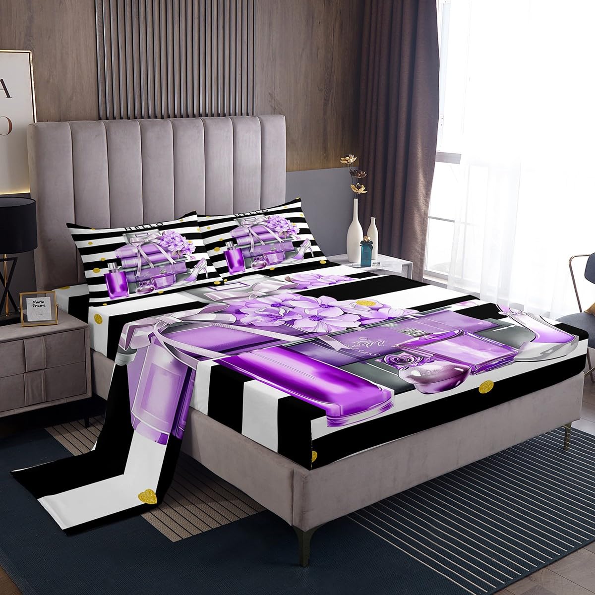Erosebridal Black and Purple Bed Sheets King Size Fashion Black White Girly Sheets for Girl Women Modern Flower Floral Perfume Striped Sheet Set High Heels Magazine Books Bedding Set