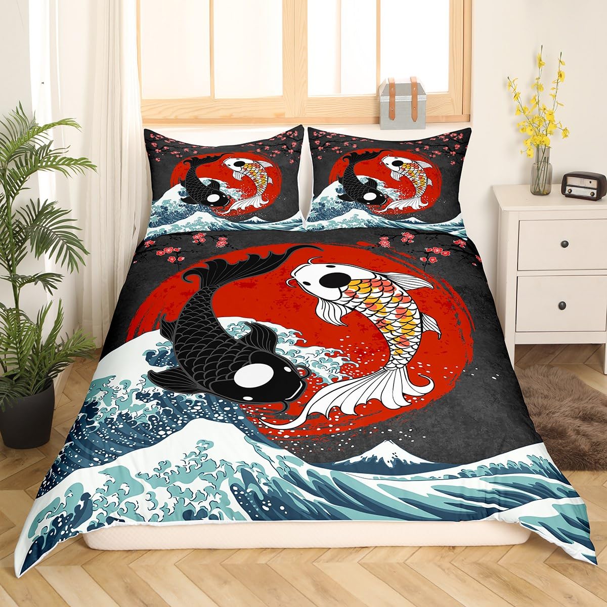 Japanese Fish Duvet Cover Set Full Size,Fantasy Yin Yang Cherry Blossom Flowers Comforter Cover with 2 Pillowcases,Blue Sea Wave Breathable Bedspread for Boys Teens,Pillow Sham