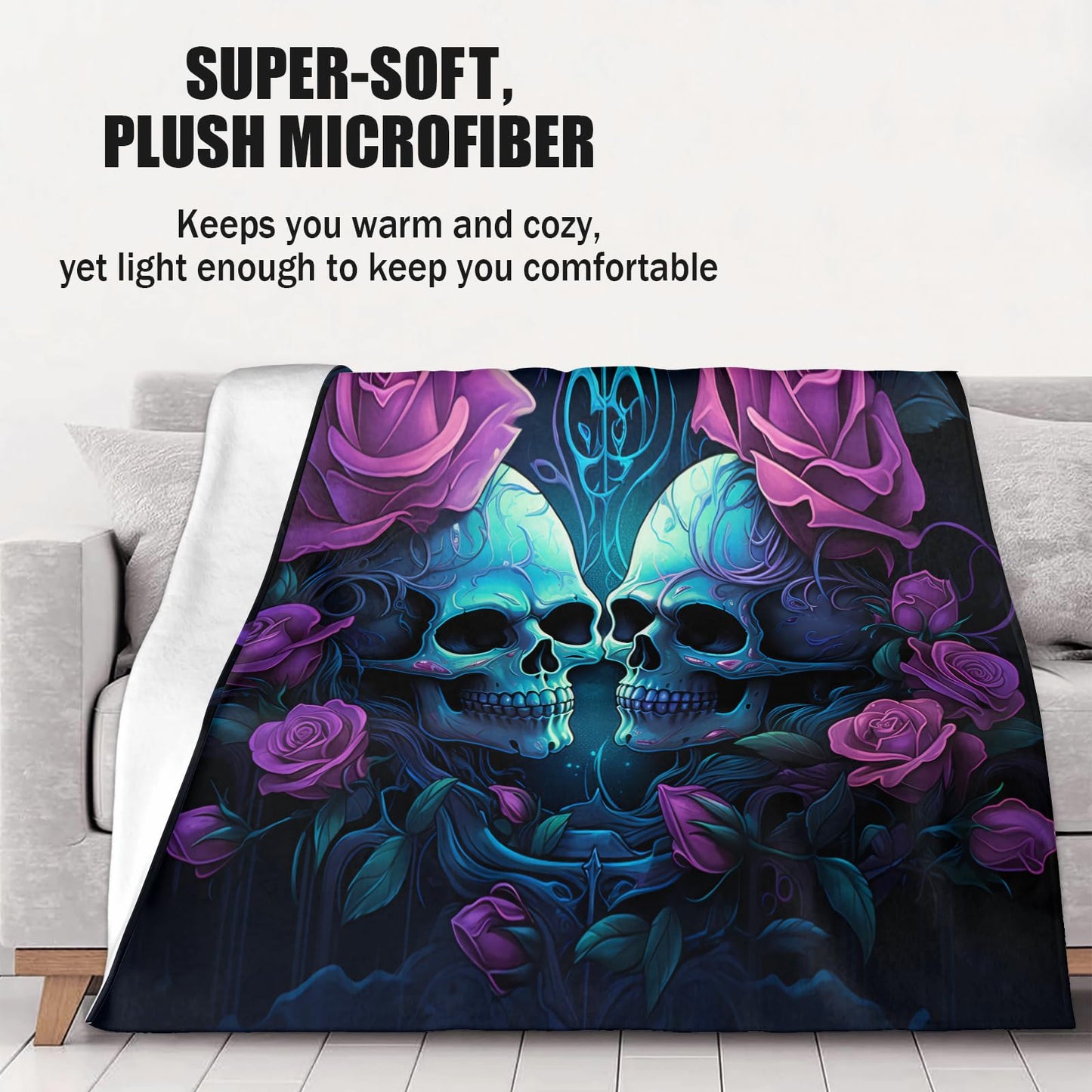 Skull Throw Blanket, Purple Rose Blankets for Couch Bed Sofa, Gothic Blankets and Throws - Super Soft Cozy Plush Flannel Blankets & Gifts, 50x60