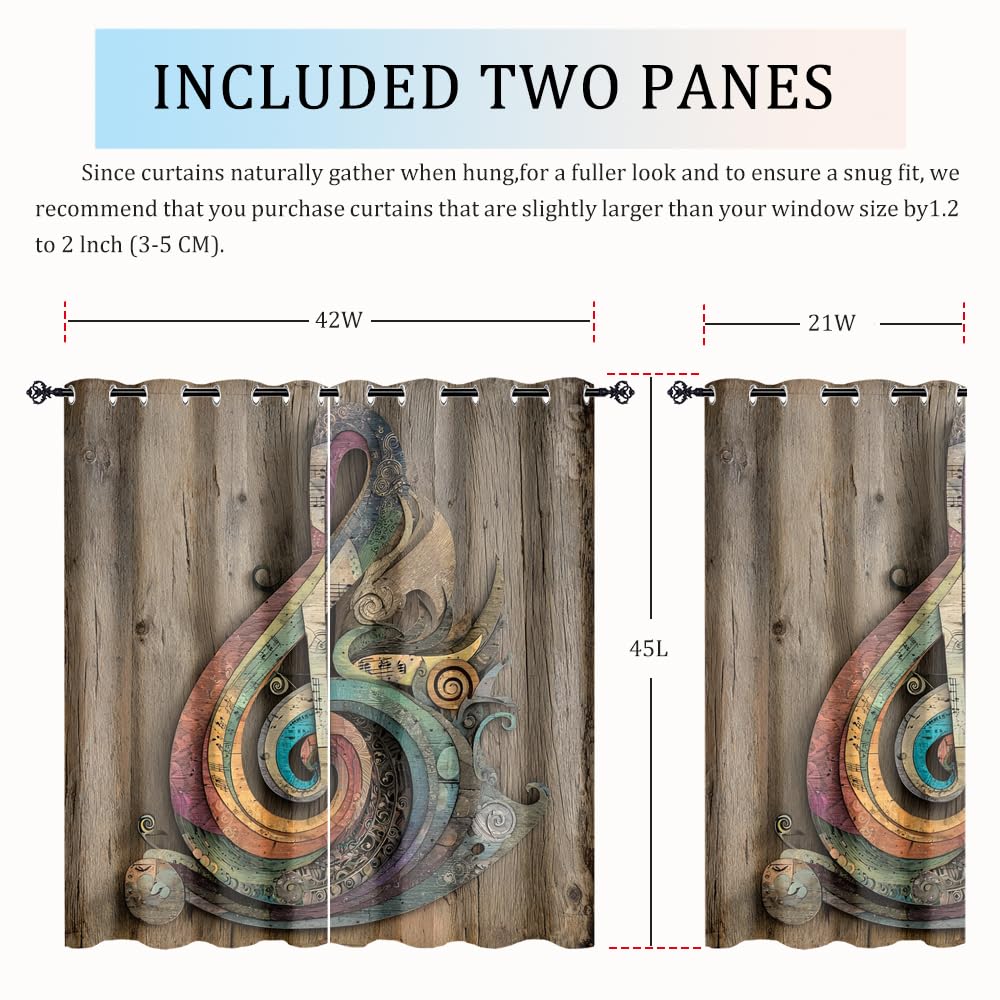 XSUPFLYM Retro Classic Musical Note Privacy Perforated Curtains Modern Realistic Wooden Wall Music Note Curtains Top Grommets Window Treatment 2 Panels.Each 21" W x 45" L