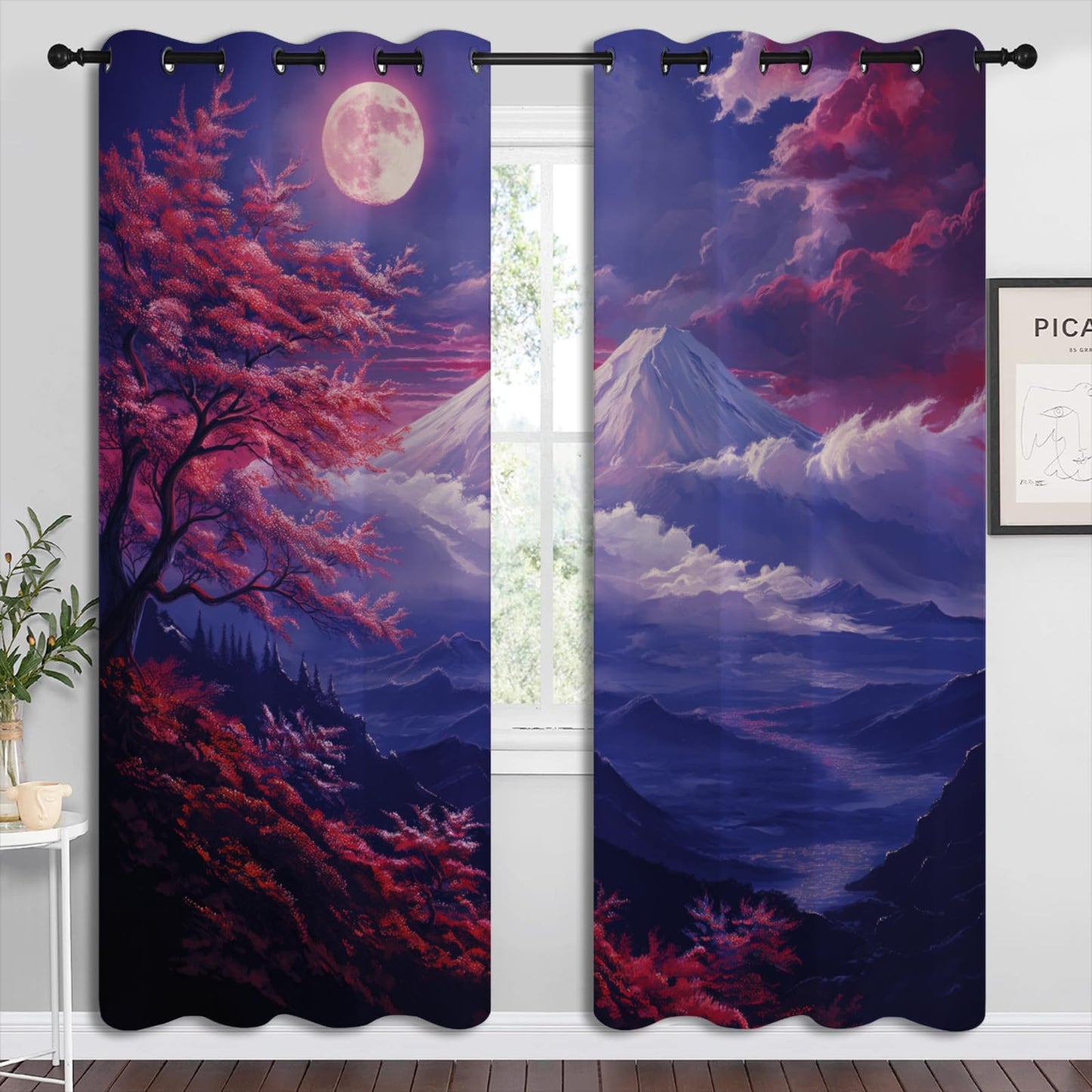 Japanese Style Blackout Curtains for Boys Girl Bedroom Home Decor,Anime Asian Mt. Fuji Red Plum Moon Landscape Painting Thermal Insulated Grommet Darkening Living Room Window Drapes, 72 x 63 inch