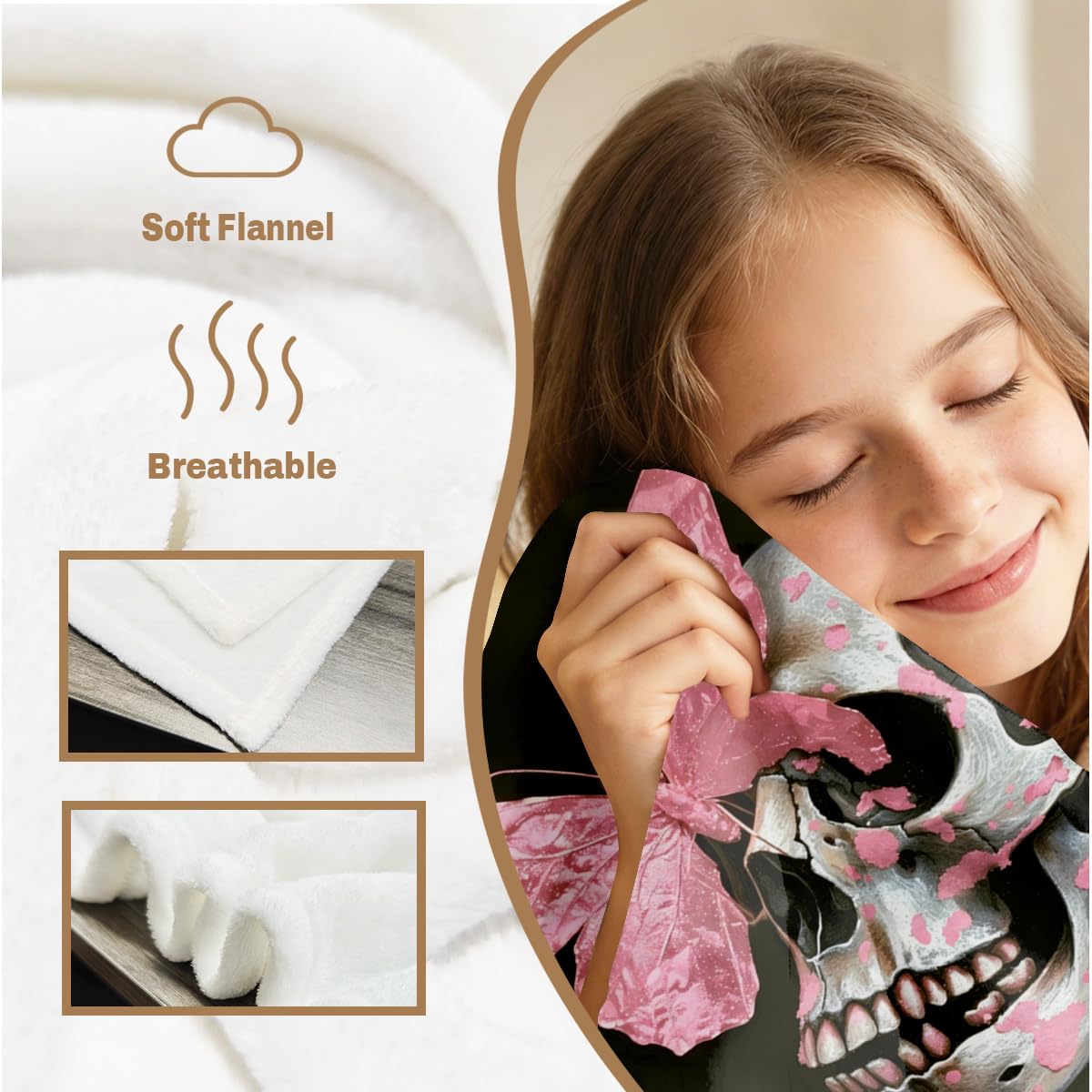 HUNXIAOJ Skull Butterfly Blanket Gifts Pink Gothic Decor Butterfly Skeleton Throw Blanket Soft Flannel Skull Bedding for Couch Bed Living Room Home Halloween Decor 49"x59"