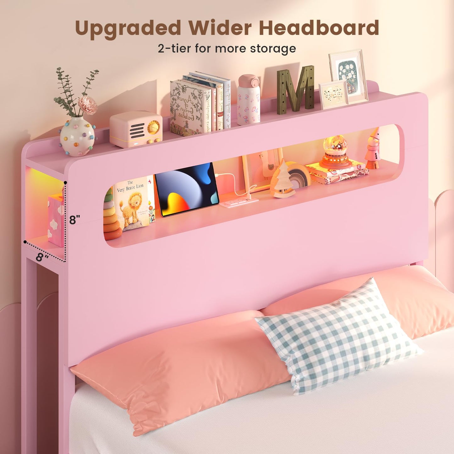 ADORNEVE Twin Bed Frame with 6 Drawers & LED Lights for Girls, Pink