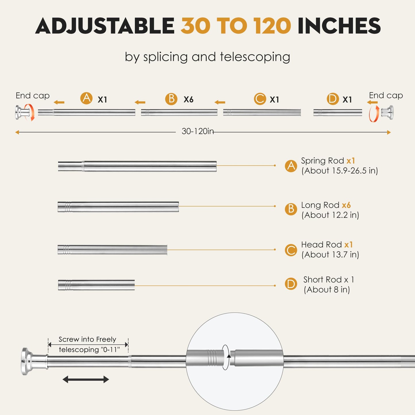 Silver Long Curtain Rod Tension Shower Curtain Rods 30 to 120 inch Adjustable Heavy Duty Rods for Bathroom Windows Outdoor Spliced Telescopic Design No Drill No Slip Stainless Steel